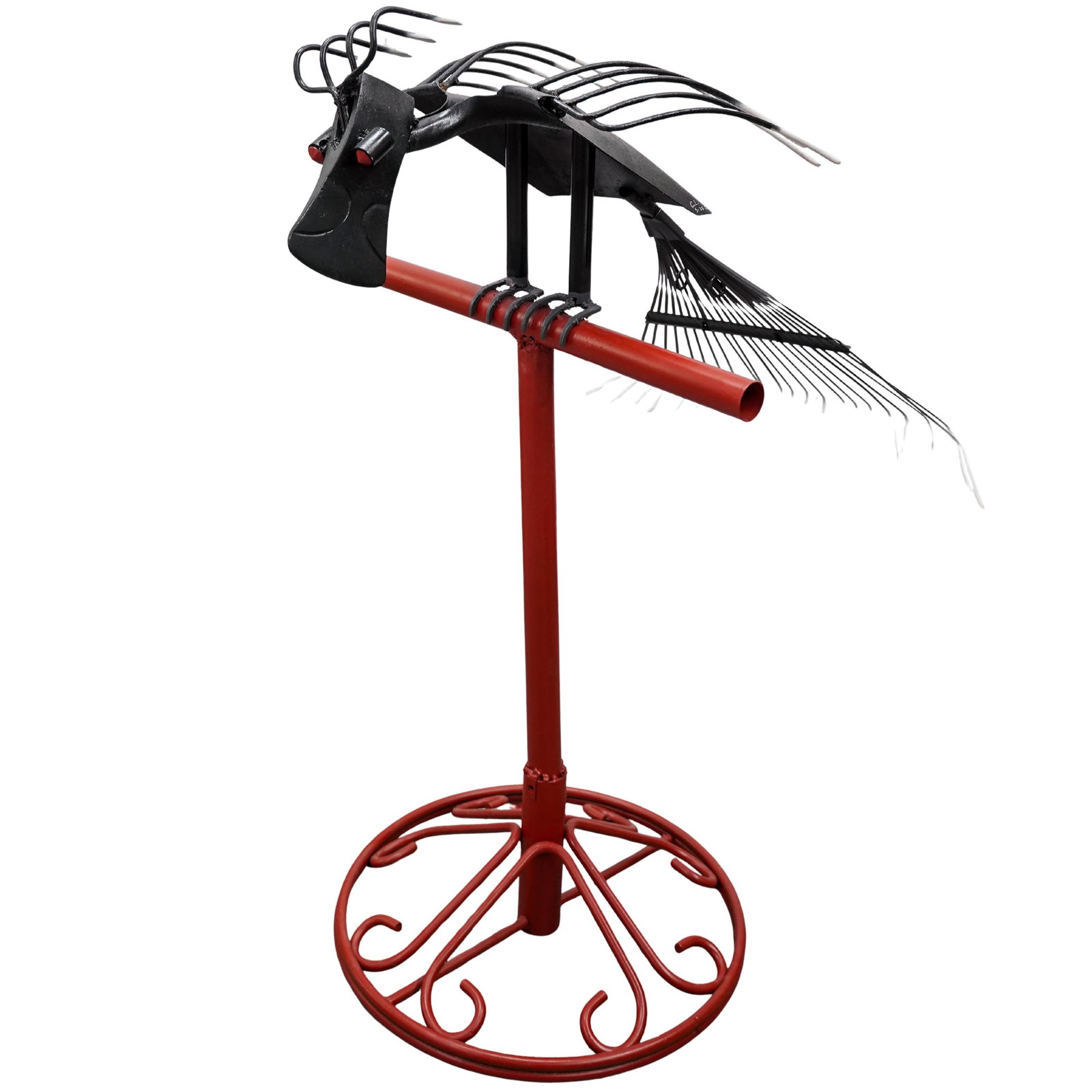 Signed "CL" Mixed Metal Found Object Bird Sculpture: Signed "CL" Mixed Metal Found Object Bird Sculpture2022A mixed metal/found object sculpture of a perched bird. Signed "CL" with date "5-28-22".H 41" x L 29" x Base diameter 18"