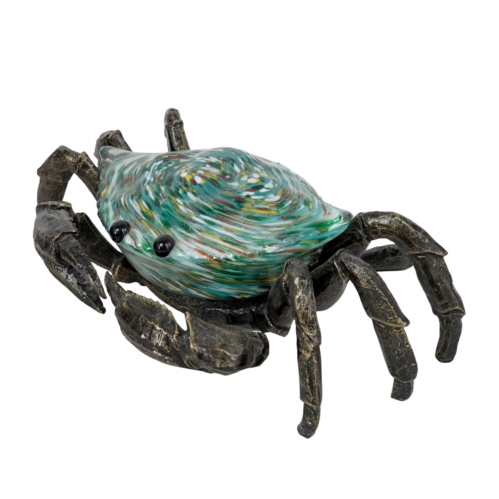 Art Glass & Cast Metal Crab Accent Lamp: Art Glass & Cast Metal Crab Accent Lamp20th centuryThe body is a hand-blown art glass shell featuring a vibrant "millefiori" or swirled pattern in oceanic greens and ambers. This shell acts as the lam