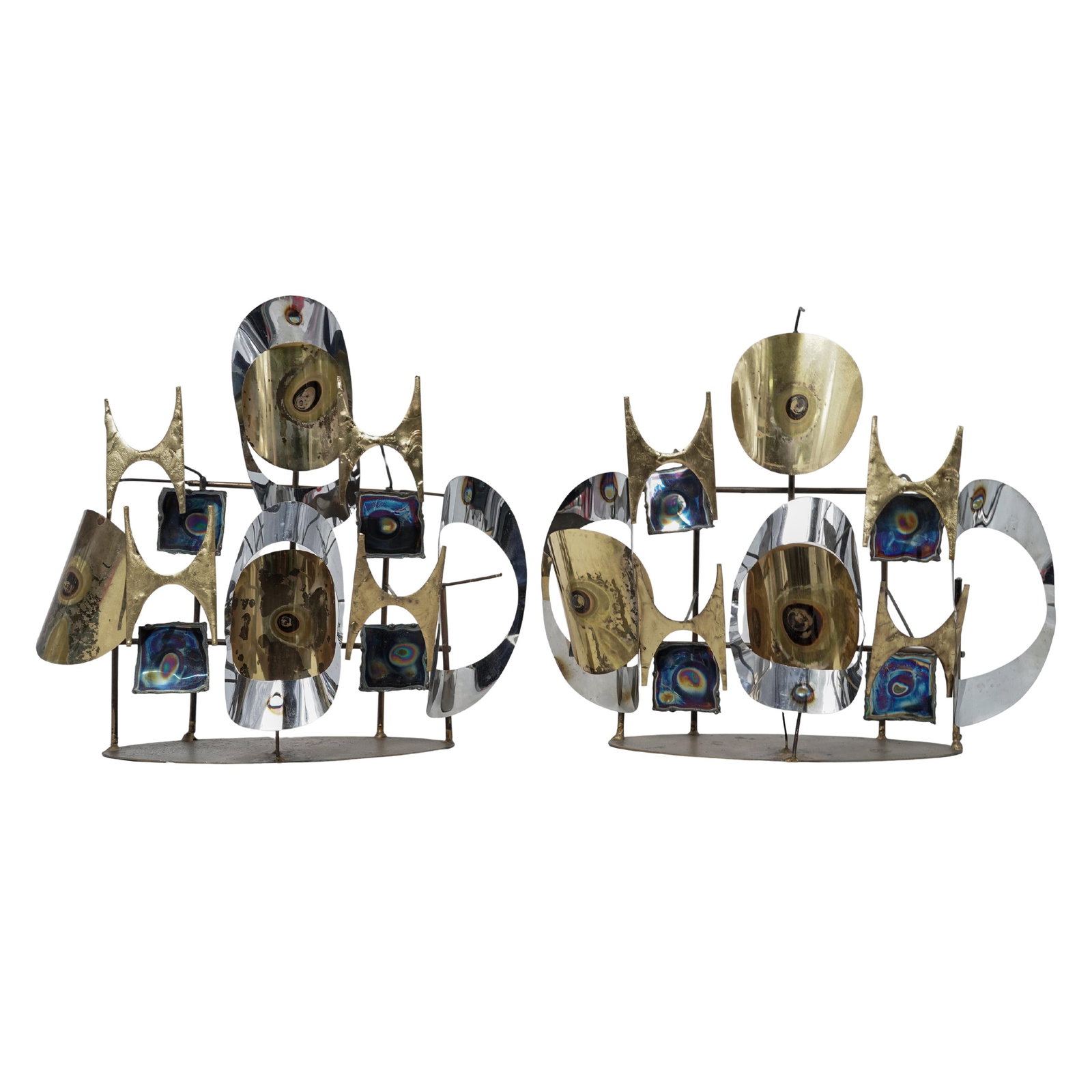 Pair of Mid Century Brutalist Metal Art Sconces Candle Holders: Pair of Mid Century Brutalist Metal Art Sconces Candle HoldersMCM, USAThey feature a distinct "space age" design with geometric, torched metal shapes in brass and chrome tones, accented by blue metal