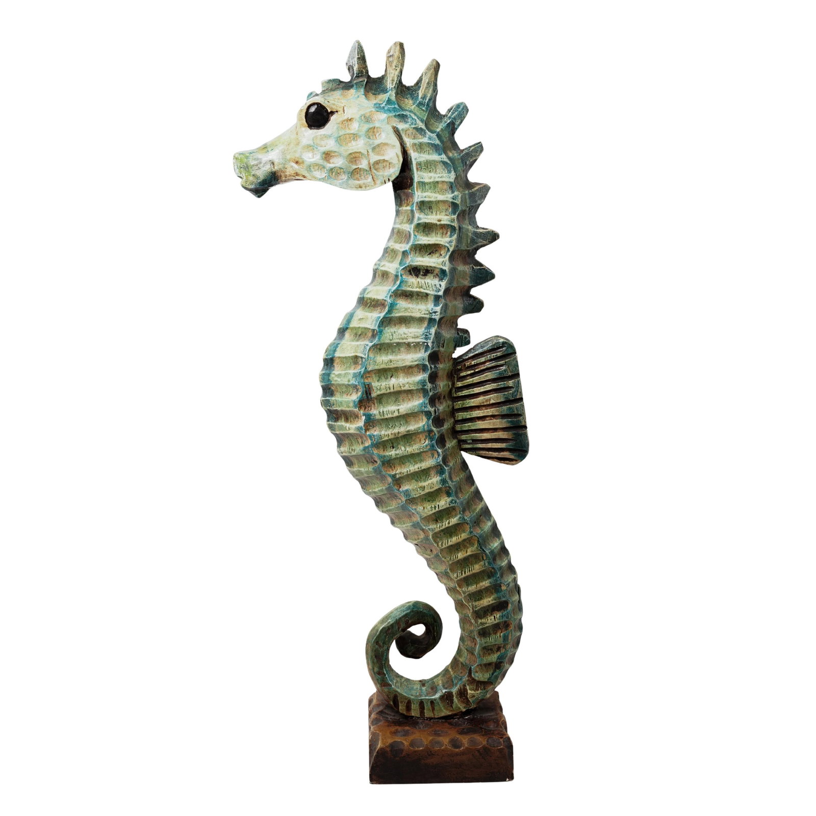 Large Carved Wood Seahorse Sculpture: Large Carved Wood Seahorse SculptureLate 20th centuryWooden seahorse statue featuring a classic, stylized seahorse shape with a curved tail resting on a small rectangular base. It has a distressed, mu