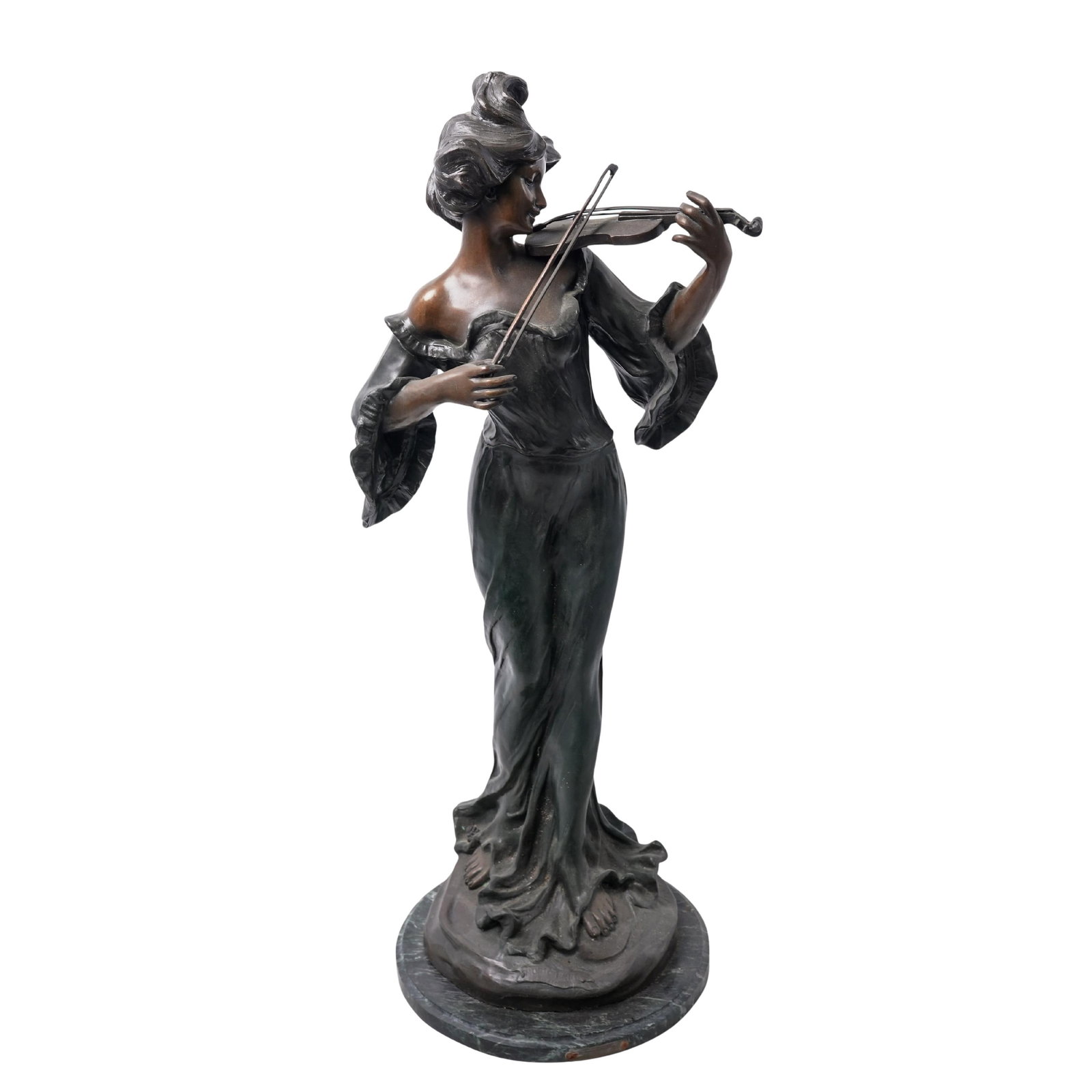 After Francesco Flora Art Nouveau "Musicienne" Sculpture: After Francesco Flora Art Nouveau "Musicienne" SculptureLate 19th-early 20th century, ItalianAn Art Nouveau sculpture of a female muscician titled "Musicienne" after Italian sculptor Francesco Flora.