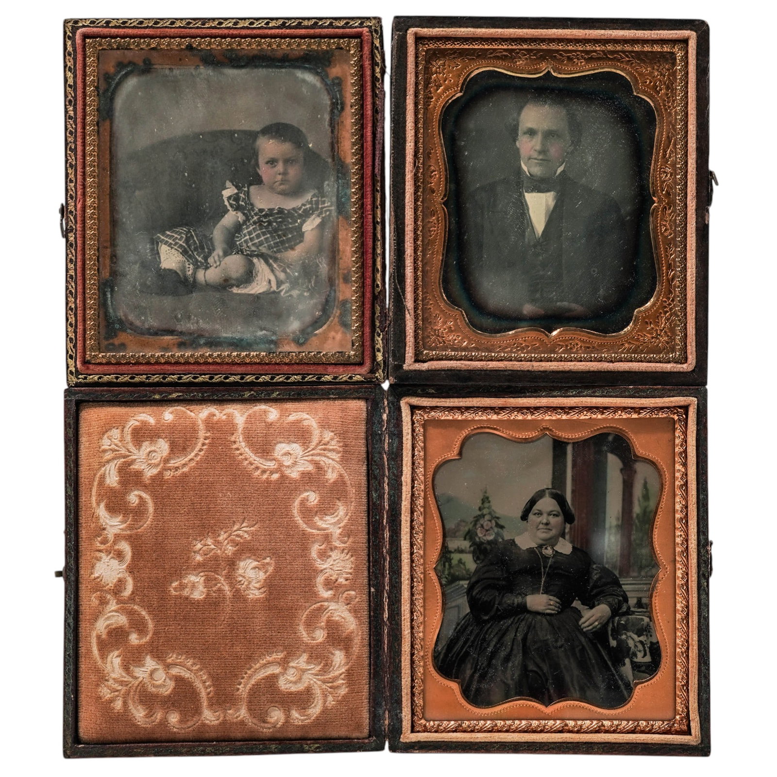 (3 pc) 19th Cent. Cased Photographs Daguerreotypes, Ambrotypes & Tintypes: (3 pc) 19th Cent. Cased Photographs Daguerreotypes, Ambrotypes & Tintypes19th century, USAThe set includes three portraits and three matching protective cases, made of leather with decorative embossed