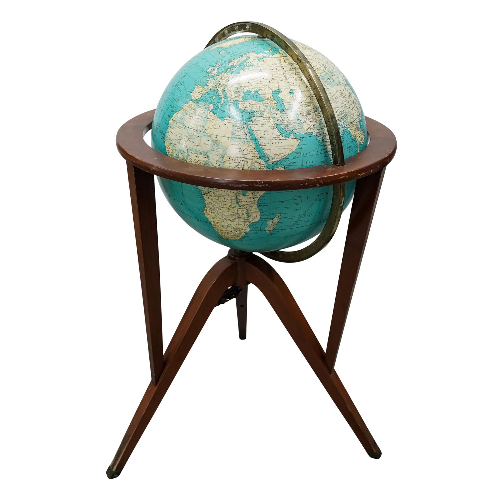Vintage Rand McNally Terrestrial Light Up Standing Globe: Vintage Rand McNally Terrestrial Light Up Standing Globe20th century, AmericanA vintage Rand McNally "Terrestrial" light-up globe on wooden stand. Electrified.H 33" Diameter approx. 20"