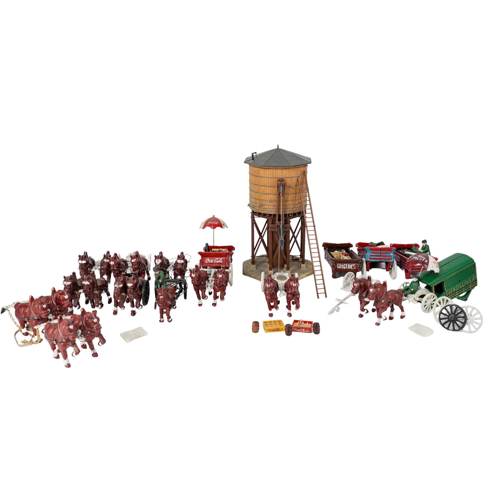 (36 pcs) Vintage Cast Iron Horse Draw Wagon Toys: (36 pcs) Vintage Cast Iron Horse Draw Wagon ToysEarly to mid 20th century, AmericanA thirty-five piece set of vintage cast iron horse-drawn wagon toys. Features one Coca-Cola branded set, featuring a