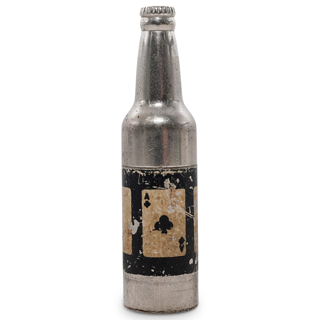 Vintage 1940's Mini Bottle Shaped Cigarette Lighter: Vintage 1940's Mini Bottle Shaped Cigarette Lighter1940s. USA.Vintage 1940's mini bottle shaped cigarette lighter decorated with four aces poker playing card motifs.L: 2 5/8"