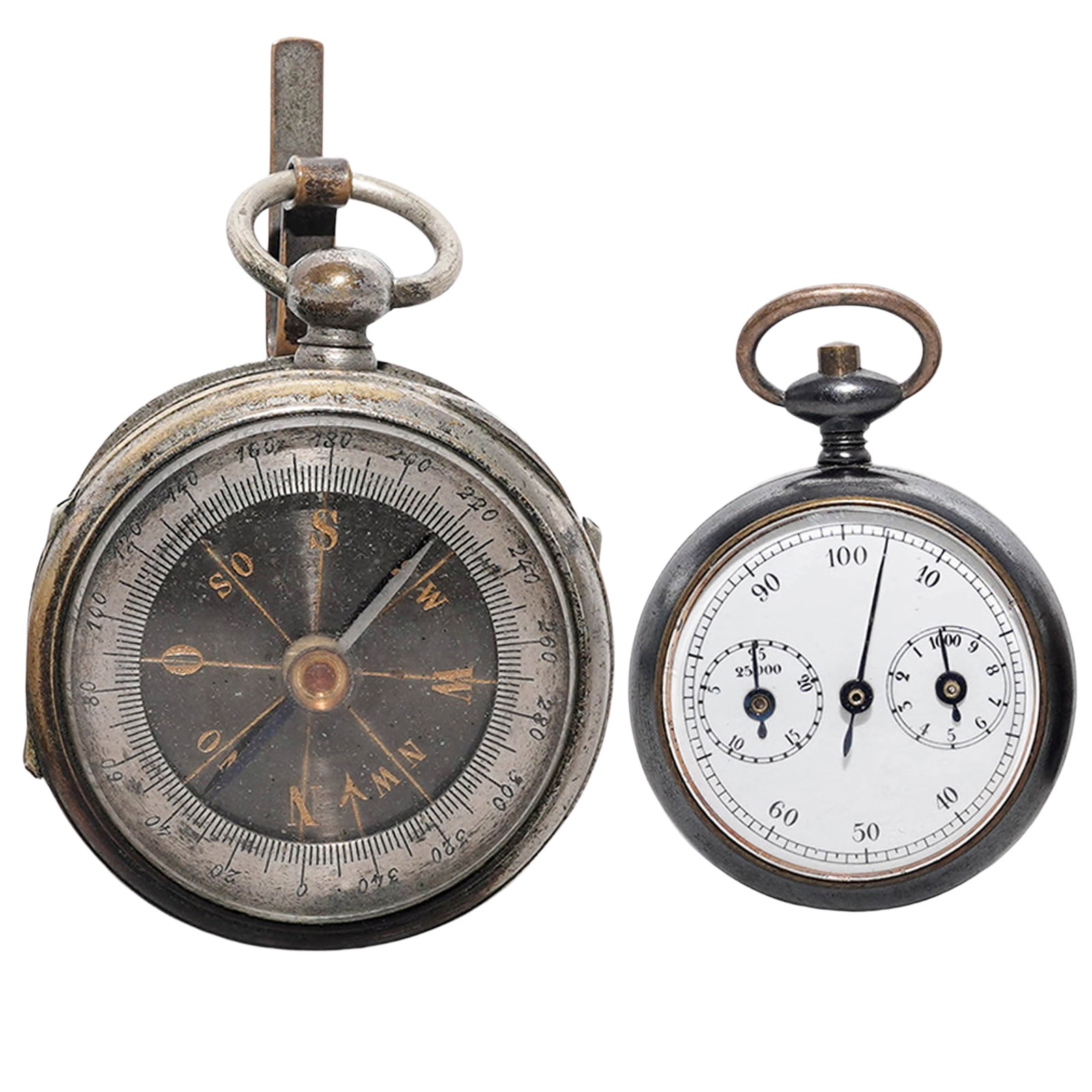 (2 pcs) Antique Pocket Pedometer & Ornate Star-Dial Compass: (2 pcs) Antique Pocket Pedometer & Ornate Star-Dial CompassLate 19th to early 20th century, European(1) Mechanical pocket pedometer. Designed in the style of a classic pocket watch, this precision ins