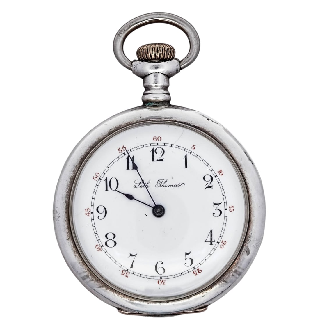 Seth Thomas Sterling Silver Lever-Set Pocket Watch: Seth Thomas Sterling Silver Lever-Set Pocket WatchEarly 20th Century, USAOpen-face pocket watch by Seth Thomas, featuring a white enamel dial with Arabic numerals, outer red minute track, blued steel