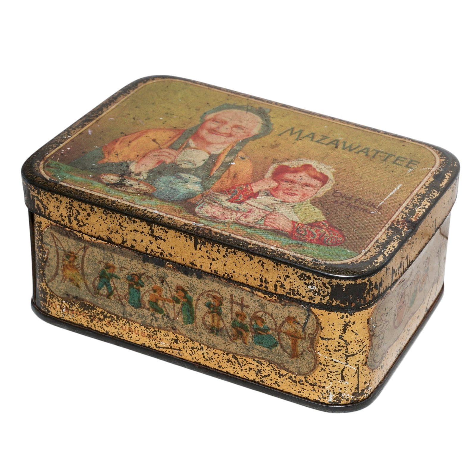 Vintage Mazawattee Tea Tin: Vintage Mazawattee Tea Tin1890s, BritishVintage Mazawattee Tea tin, featuring one of the most iconic advertising images in British history, known as "Old Folks at Home". Company was founded in 1887 by