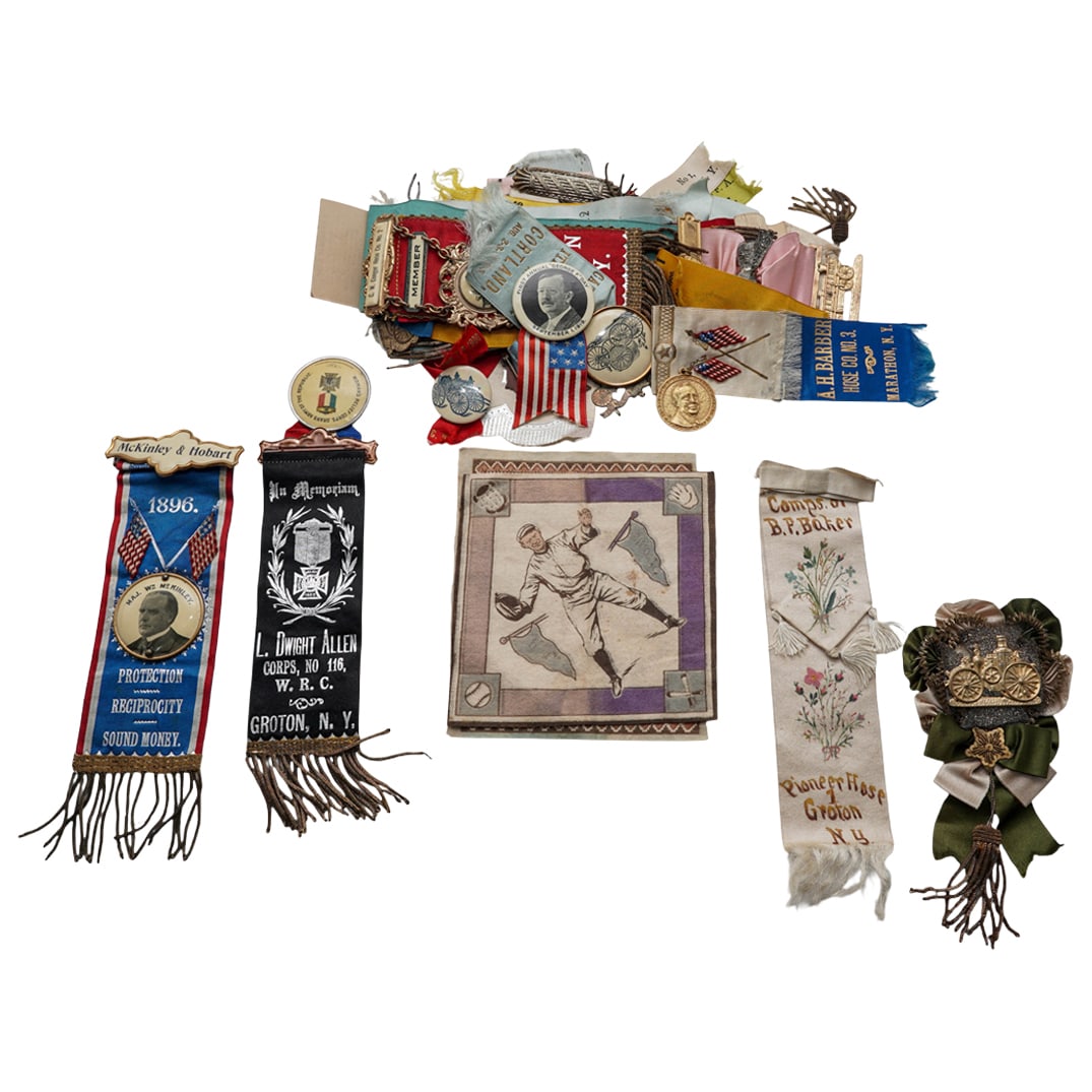 (33 pcs) Assorted Group Of Ribbons & Badges: (33 pcs) Assorted Group Of Ribbons & BadgesLate 19th- early 20th century, AmericanFire Department Ephemera:(1) C. W. Conger Hose Co. No. 2. Groton, N.Y.Red silk; features horse-drawn carriage medal.(1