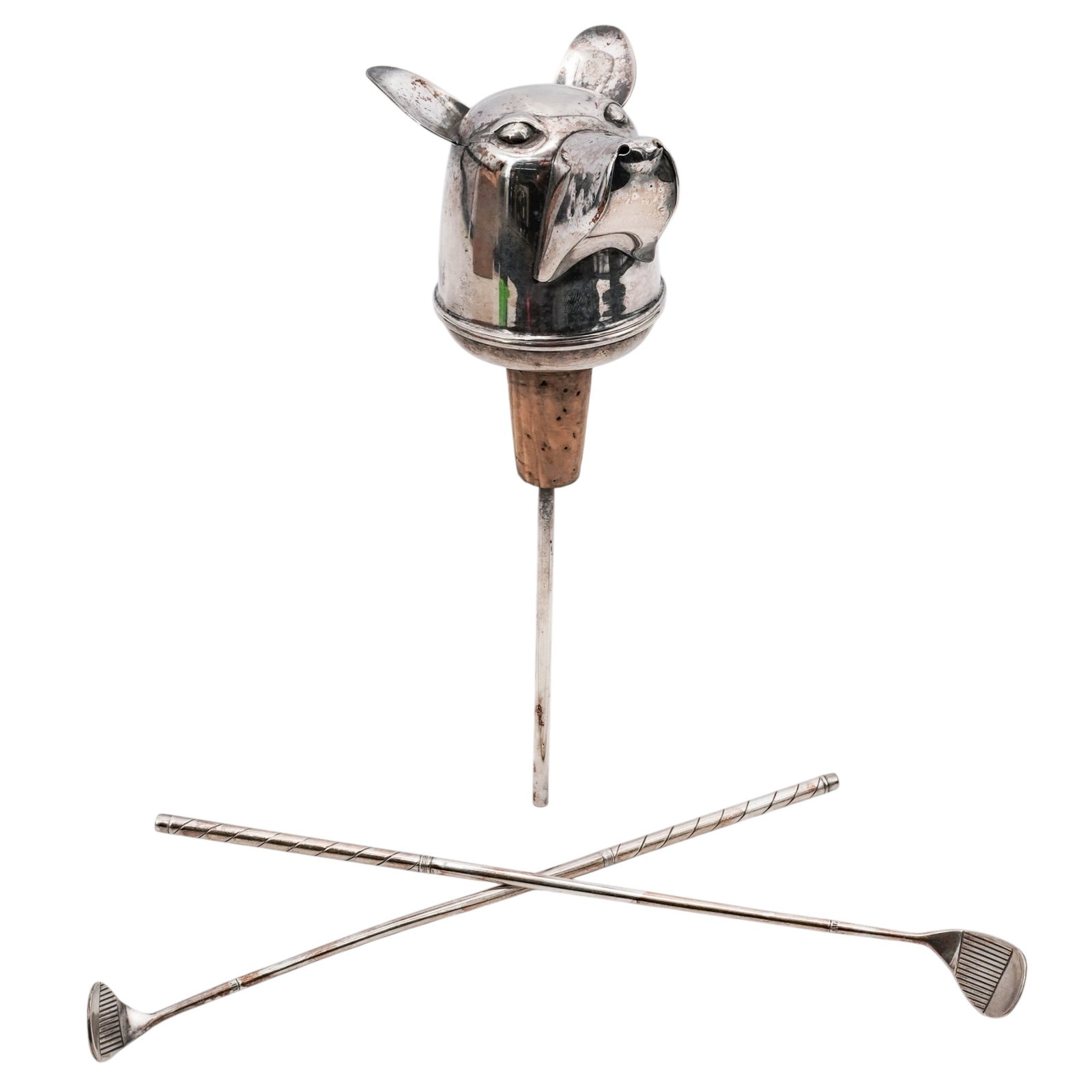 (3 Pc) Vintage Bar Set - Spout & Stirrers: (3 Pc) Vintage Bar Set - Spout & StirrersMid 20th century(2) Alvin silver-plated golf club cocktail stirrers.(1) Napier silver metal liquor spout with a canine head-shaped cover.L: 8" x W: 3" x L: 2.2