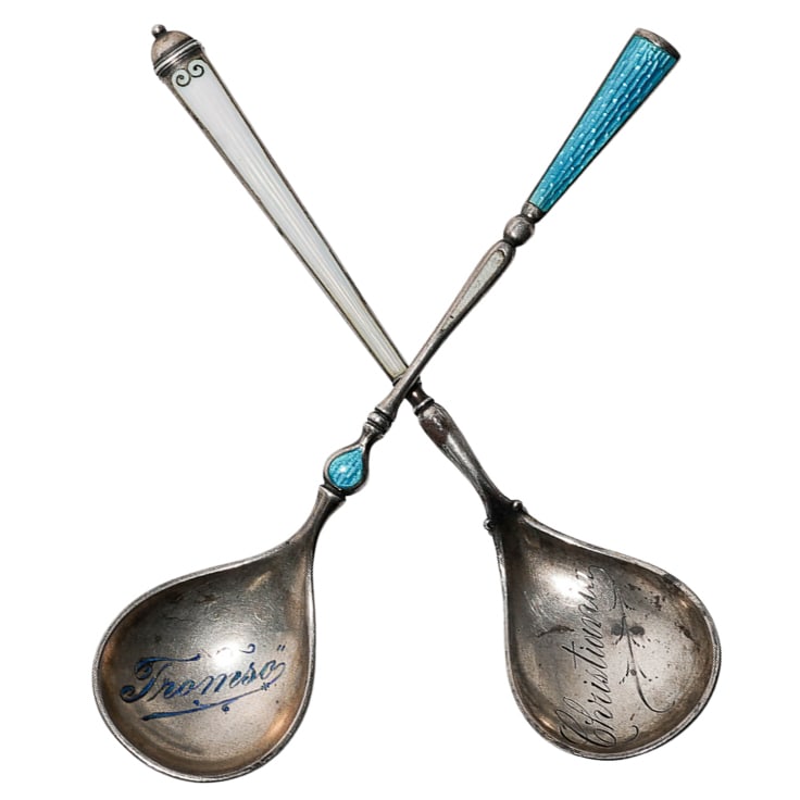 (2 Pc) Antique Norwegian Silver Enamel Demitasse Spoons: (2 Pc) Antique Norwegian Silver Enamel Demitasse SpoonsLate 19th- Early 20th Century. Norway.(2 Pc) A pair of antique Norwegian silver enamel demitasse spoons. This pair set includes:(1 Pc) antique 83