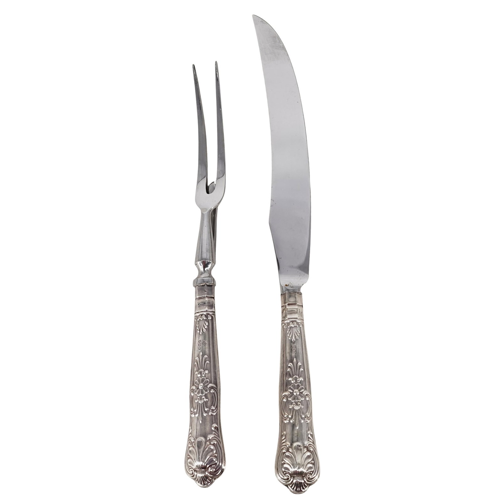(2 pcs) Harrison Bros. Sterling Silver Carving Set: (2 pcs) Harrison Bros. Sterling Silver Carving Set20th century, EnglishA sterling silver carving set by the Harrison Brothers (English, late 20th century). Features a two-pronged fork and a knife with