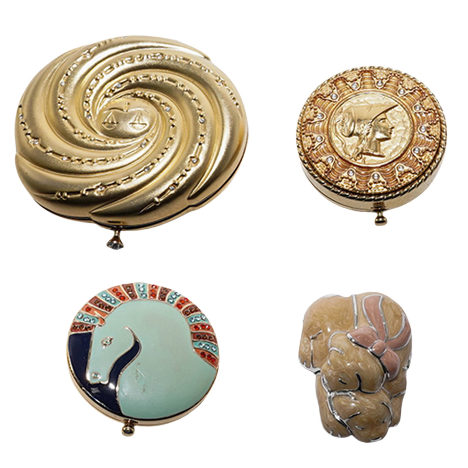 (4 Pc) Estée Lauder Jeweled Solid Perfume & Compact Cases Grouping Set: (4 Pc) Estée Lauder Jeweled Solid Perfume & Compact Cases Grouping Set20th Century. USA.(4 Pc) Estée Lauder Jeweled Solid Perfume & Compact Cases grouping set. Including:(2 Pc) two Estée Lauder pre