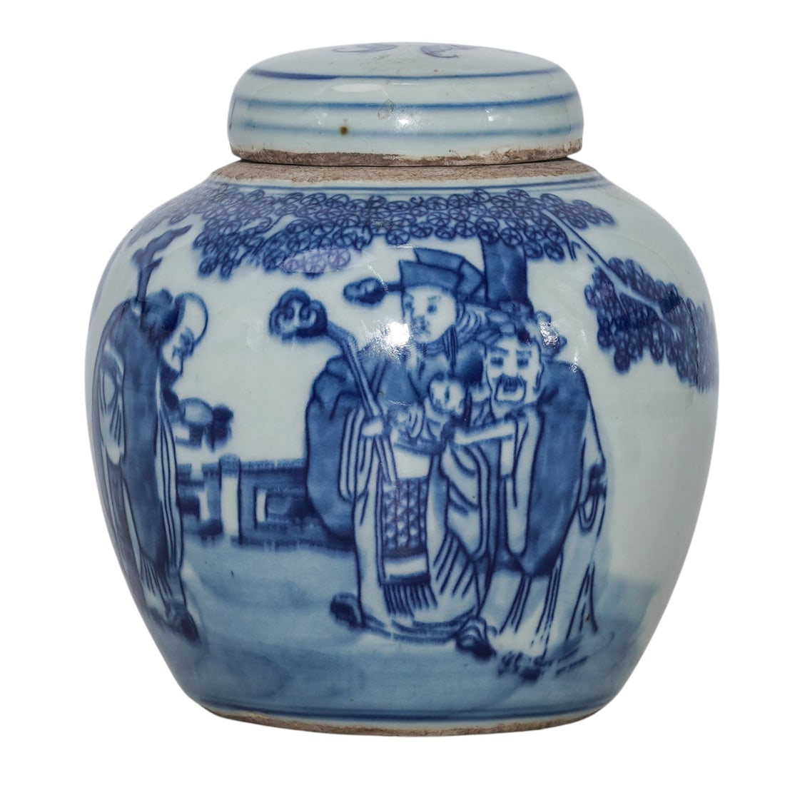 Qing Dynasty Chinese Blue & White Porcelain Lidded Ginger Jar: Qing Dynasty Chinese Blue & White Porcelain Lidded Ginger Jar19th century, ChineseBlue & white porcelain lidded ginger jar features a "Scholar Graphic", depicting immortals, court figures, or deities