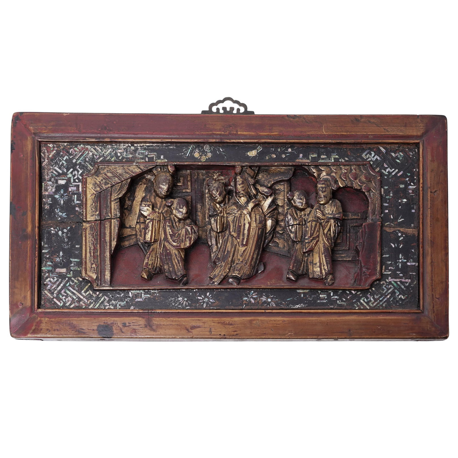 Antique Chinese Gilt Wood & Mother Of Pearl Plaque: Antique Chinese Gilt Wood & Mother Of Pearl PlaqueLate 19th century, ChineseAntique Chinese Qing Dynasty high-relief carved wood panel, featuring a deeply carved, three-dimensional scene depicting six