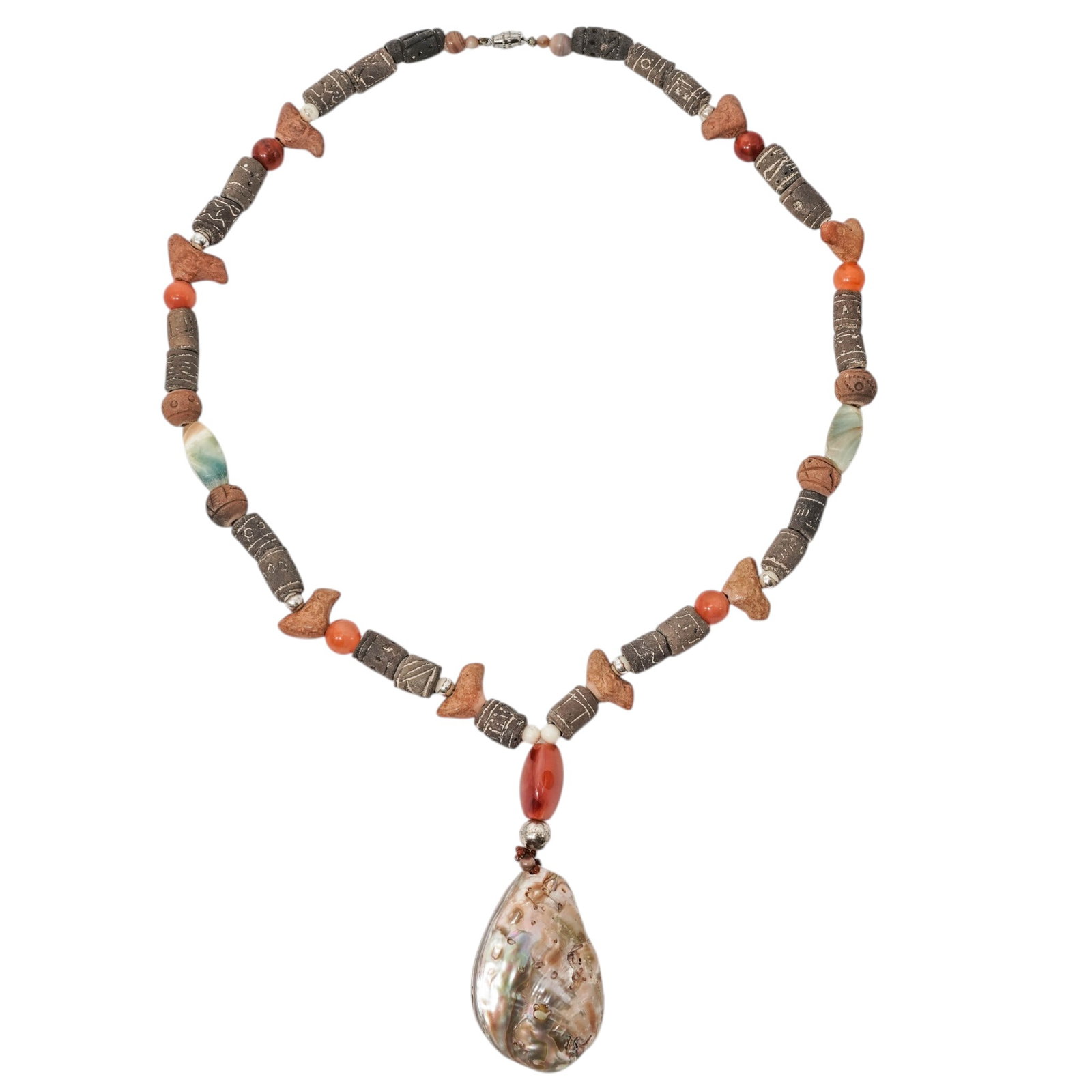 Antique Chinese Ancient Tribal Stone Beads, Agate & Shell Necklace: Antique Chinese Ancient Tribal Stone Beads, Agate & Shell NecklaceChineseAn antique beaded strand necklace featuring ancient tribal stone beads with agate beaded accents and a large nacre shell pendan