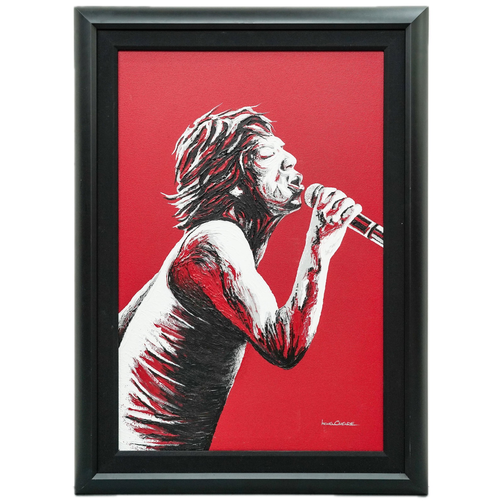 Michael Cartellone "Mick Jagger" Oil on Canvas: Michael Cartellone "Mick Jagger" Oil on Canvas 21st Cent., USA The artwork depicts a Mick Jagger figure passionately performing a song against a vibrant red background. The style is characterized by e