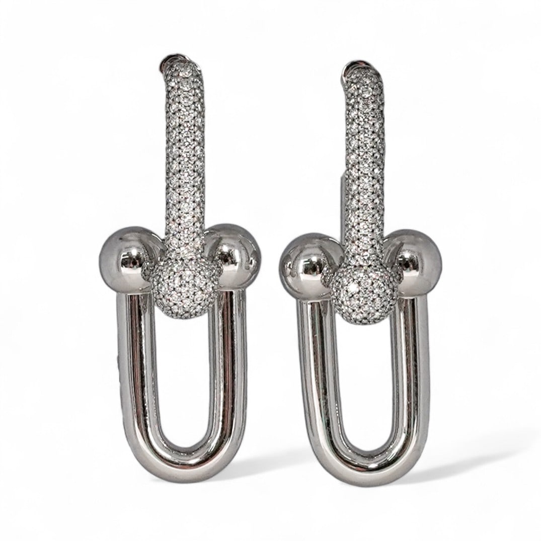 Tiffany & Co. "HardWear" 18k Gold & Diamond Drop Earrings: Tiffany & Co. "HardWear" 18k Gold & Diamond Drop Earrings 2010s, Italian Pair of Tiffany HardWear 18k white gold drop earrings with pavé diamond top gauge links, polished spherical connectors, and el