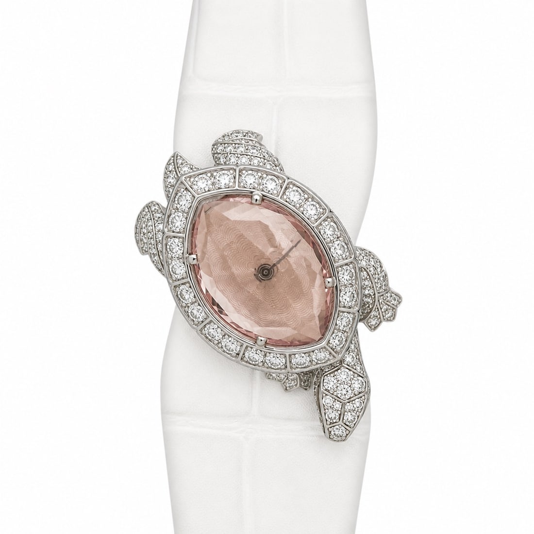 Cartier Tortue "Secret" 18k Gold Diamond & Morganite Turtle Watch REF# 3582A: Cartier Tortue "Secret" 18k Gold Diamond & Morganite Turtle Watch REF# 3582A 2014, Swiss Rare Cartier Tortue "Secret" quartz wristwatch in 18k white gold, reference 3582A, designed as a turtle with di