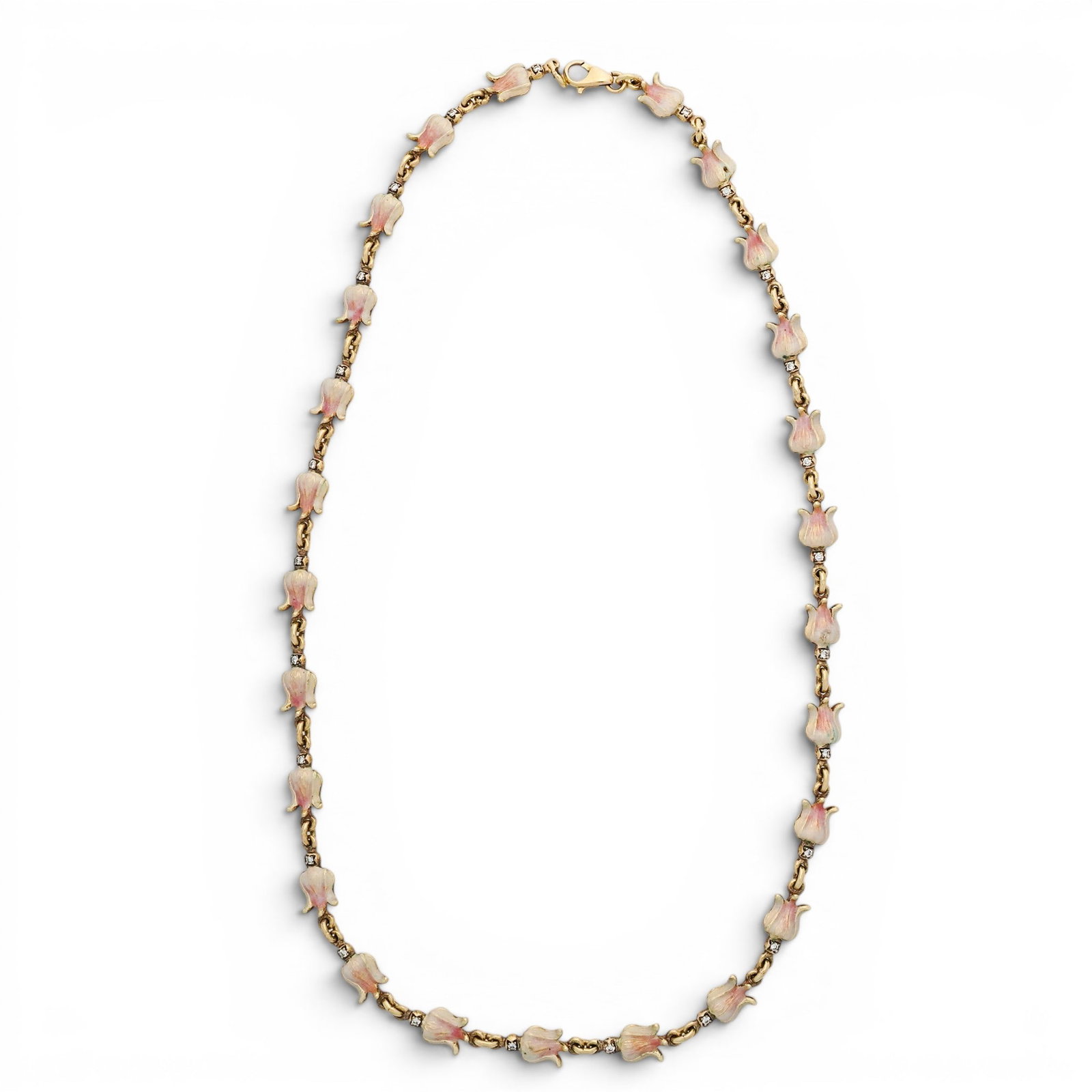 Antique 18k Gold Diamond & Enamel Floral Necklace: Antique 18k Gold Diamond & Enamel Floral Necklace Late 19th to Early 20th Cent. Antique 18k gold necklace, featuring a repeating floral link design. Each link with cream and pink toned enamel flowers,