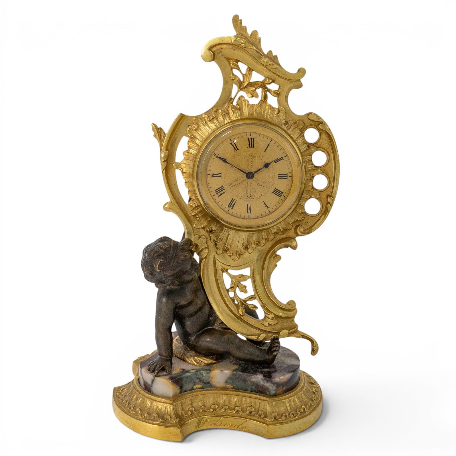 Francois Linke (French, 1855-1946) Rococo Gilt Bronze & Marble Desk Clock (1 of 6)