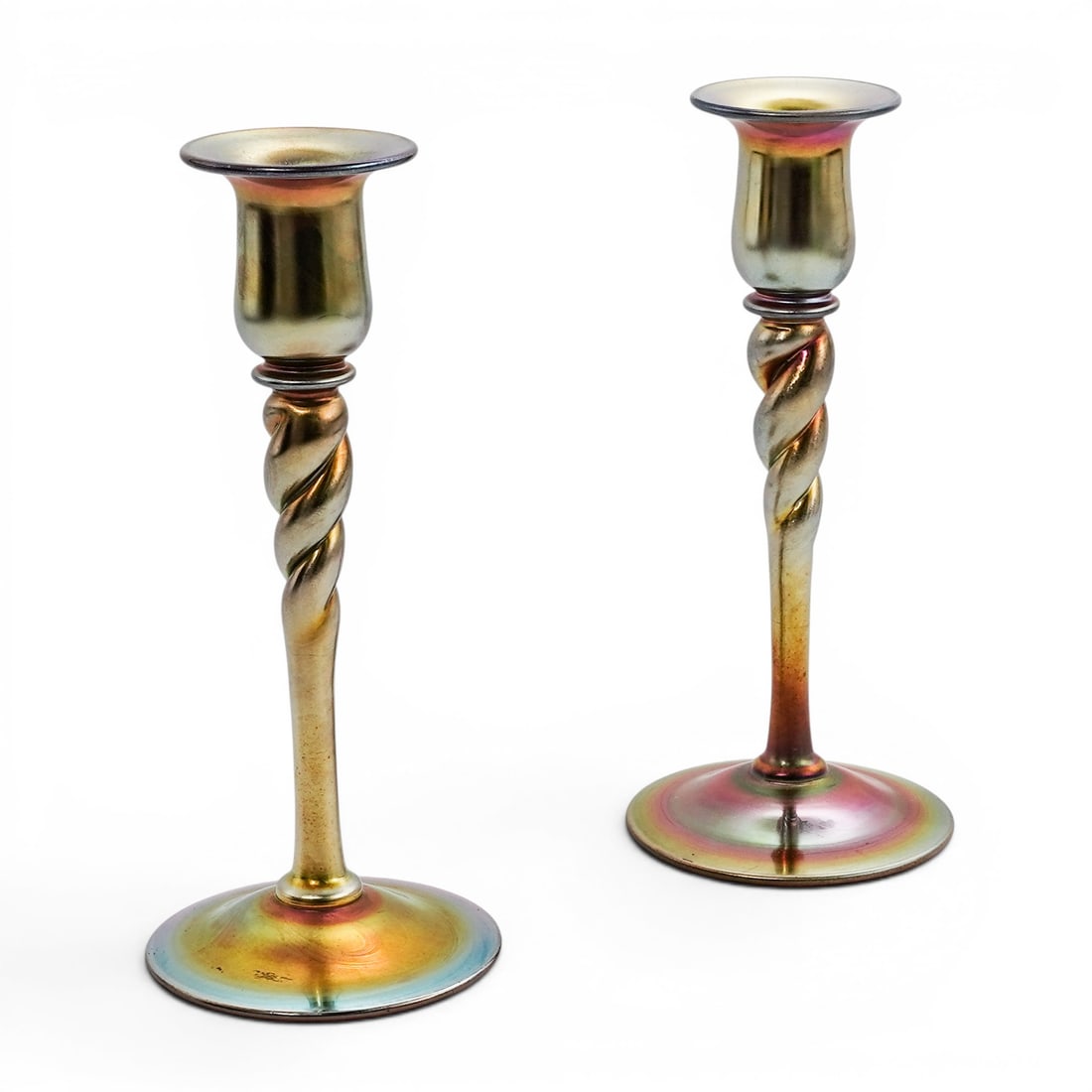 Pair Steuben Gold Aurene Glass Candlesticks (1 of 9)