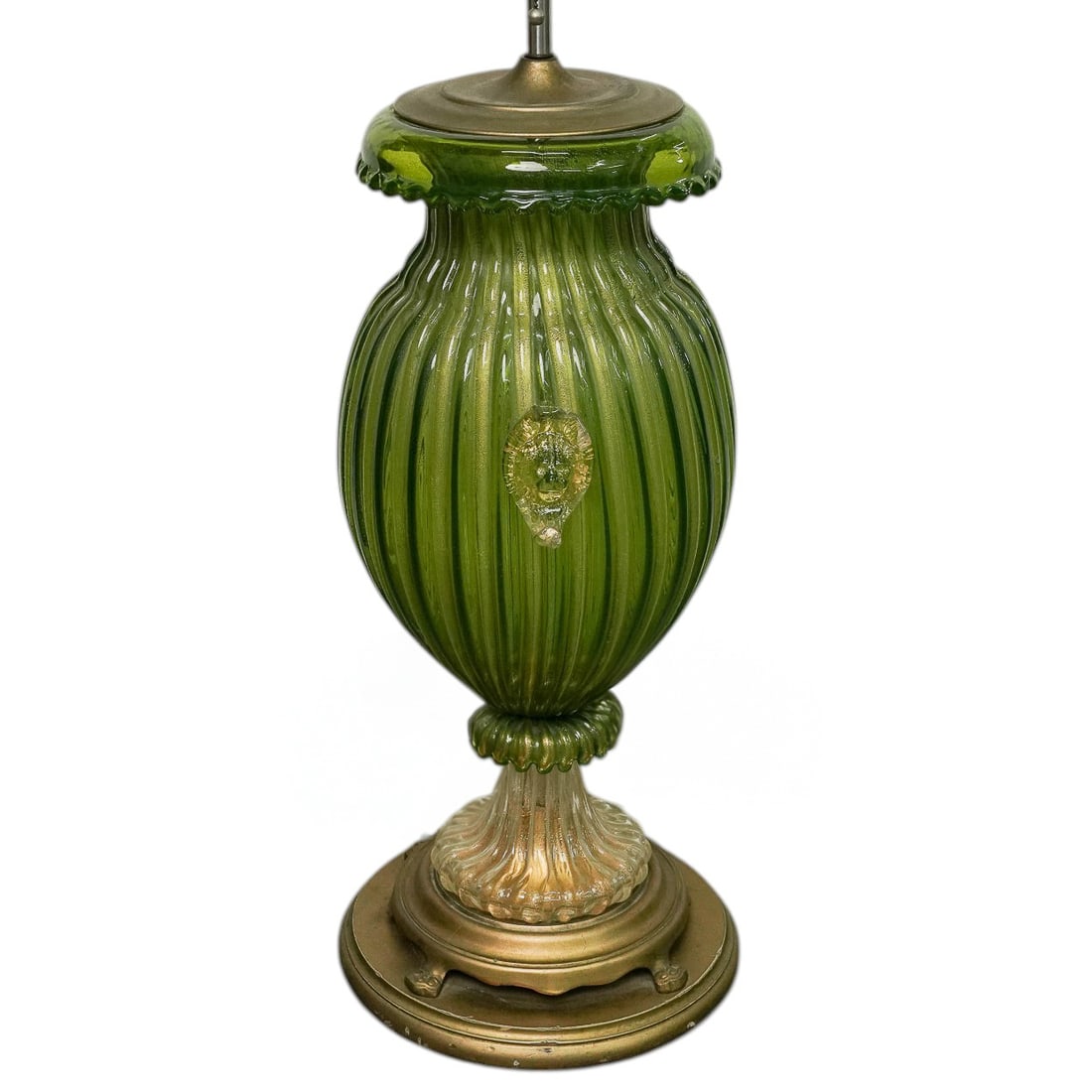 Large Seguso Gold Fleck Murano Glass Table Lamp: Large Seguso Gold Fleck Murano Glass Table Lamp Mid-20th Century, Italy Large vintage Seguso Murano art glass table lamp featuring a ribbed olive green glass body with gold fleck decoration and applie