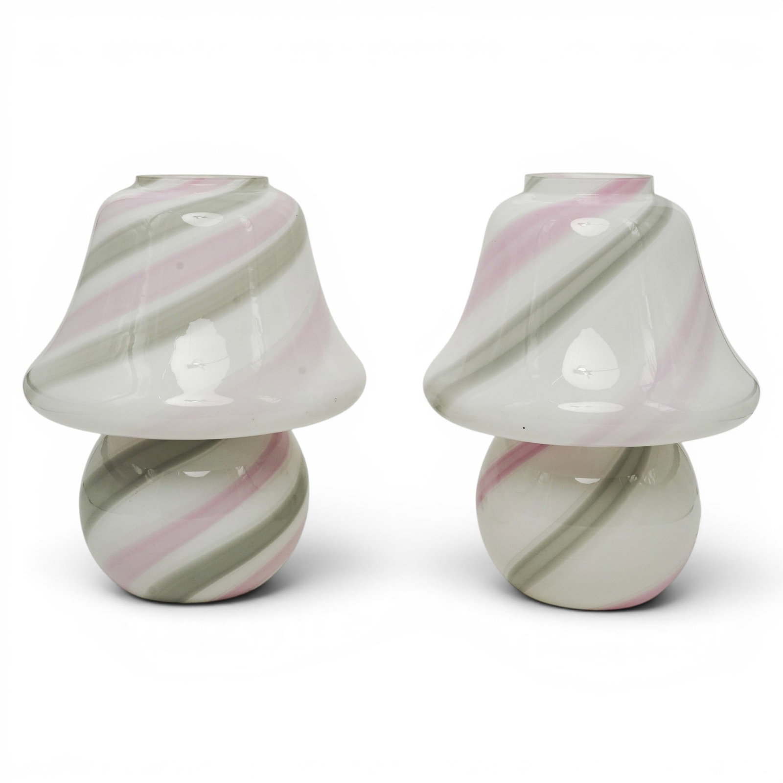 Pair of Vetri Murano Glass Mushroom Lamps: Pair of Vetri Murano Glass Mushroom Lamps Late 20th Century, Italy Pair of Murano glass mushroom lamps in opaque white glass with soft pink swirling decoration. Each lamp features a sculptural mushroo