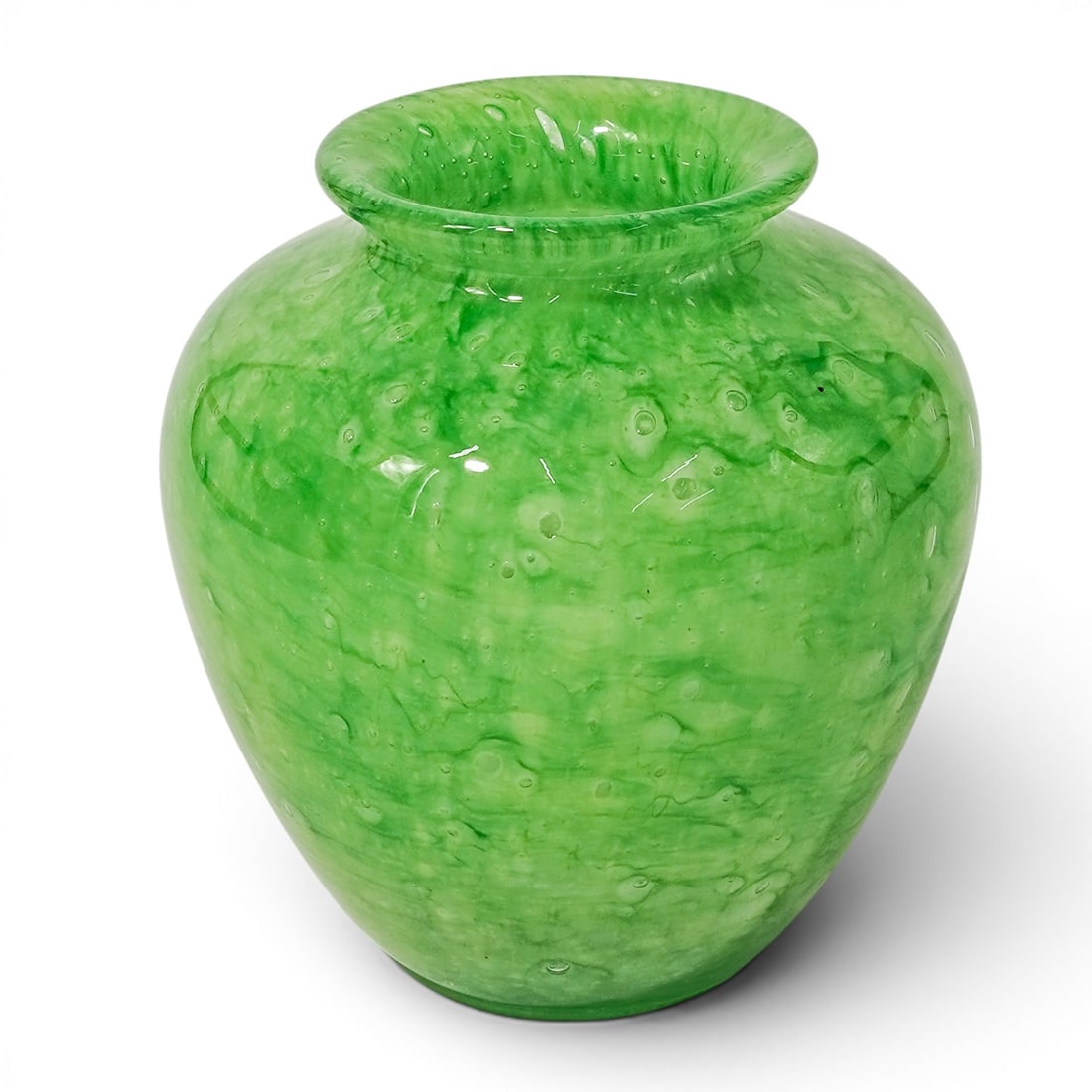 Steuben Green Cluthra Glass Vase: Steuben Green Cluthra Glass Vase Early-Mid 20th c., USA Shape #2683 Form: Vase Primary Color: Green Cluthra Type: Cluthra H: 6" Dia: 5.5"