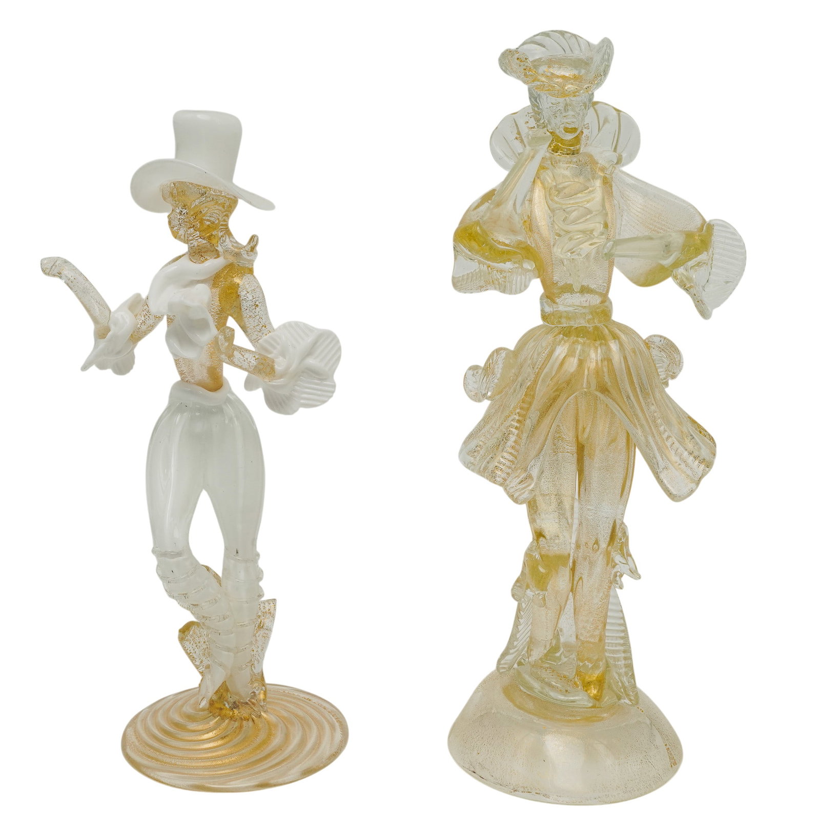 (2 pc) Venetian Murano "Goldoniani" Commedia Dell'arte Glass Dancers: (2 pc) Venetian Murano "Goldoniani" Commedia Dell'arte Glass Dancers MCM, Italian Murano "Goldoniani" / Commedia dell'arte theatrical tradition art glass dancers, they represent mid-century Italian de