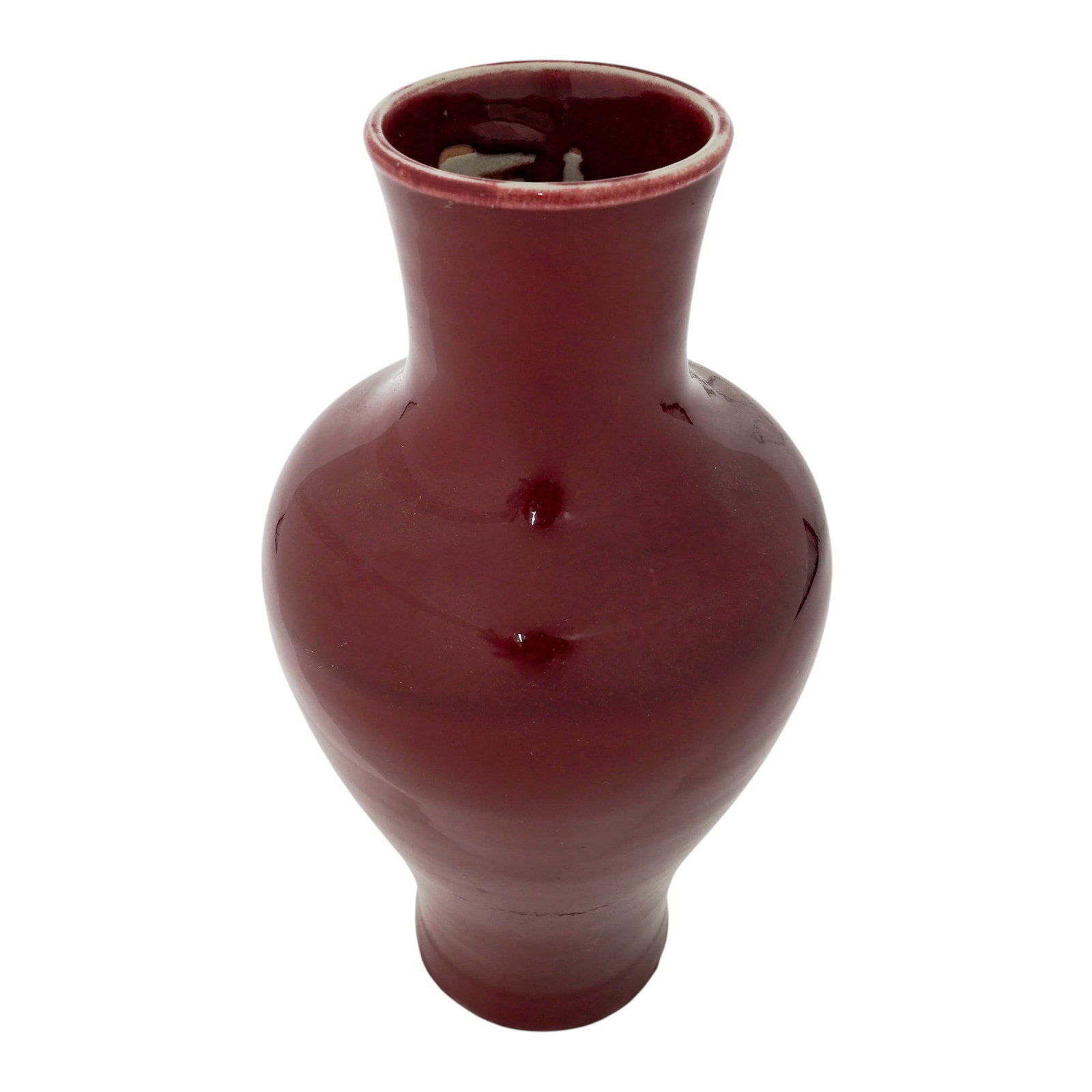 Chinese Baluster Porcelain Oxblood Vase: Chinese Baluster Porcelain Oxblood Vase c. 1890-1940, Chinese It finished in a vibrant, deep red monochrome glaze traditionally known as "Sang de boeuf". The surface has a high-gloss, reflective finis