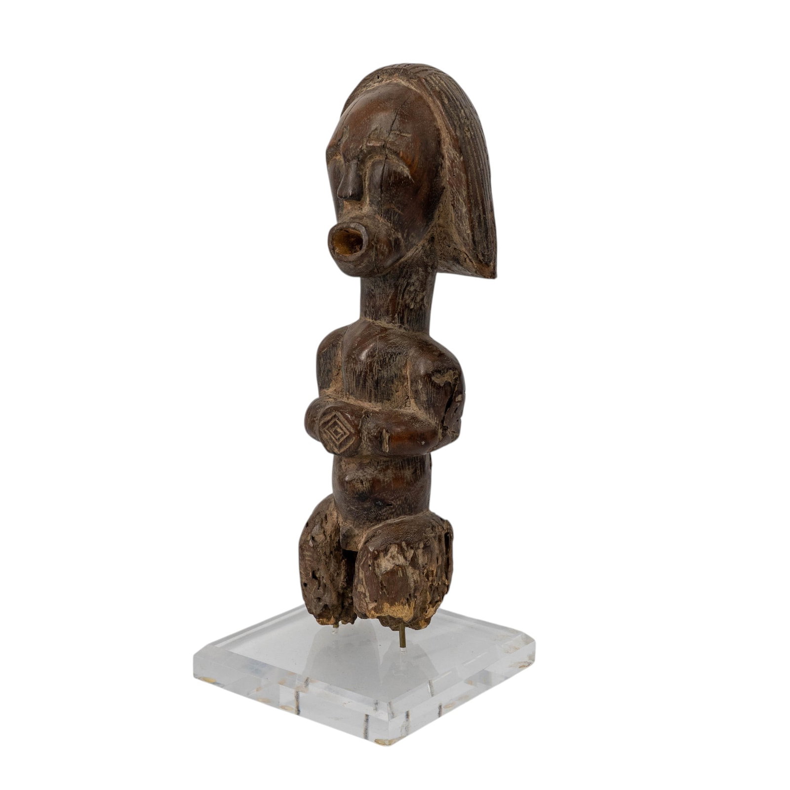 African Tribal Wooden Fang Byeri Statue on Lucite Stand: African Tribal Wooden Fang Byeri Statue on Lucite Stand 20th century, African Ritual object, dark brown carved wooden sculpture of a stylized human figure with a large and rounded head with a prominen