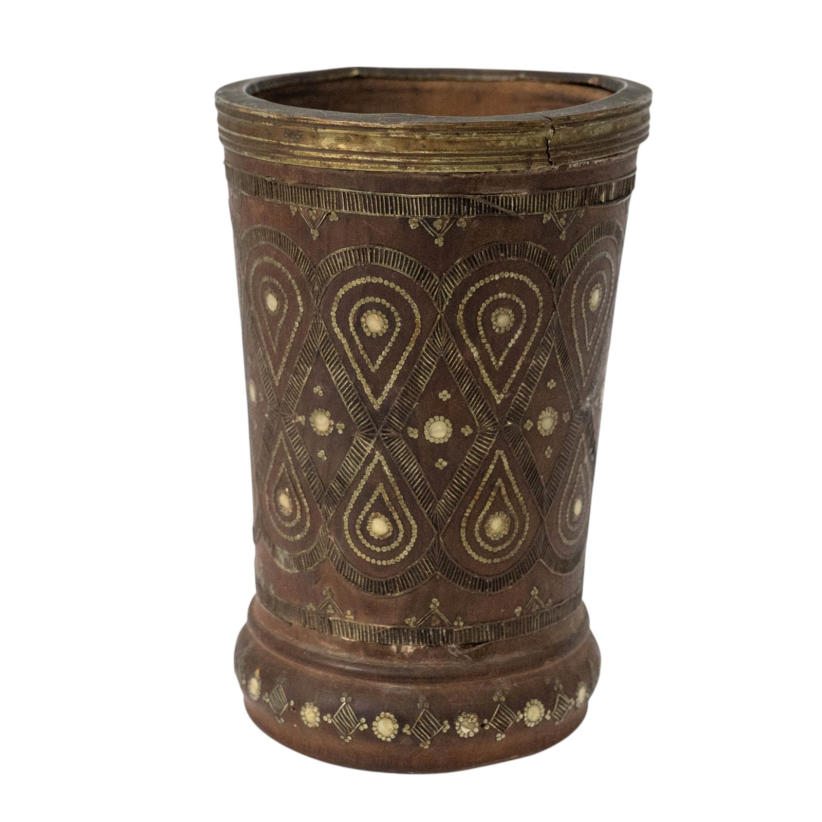 Antique Russian Brass & Bone Inlaid Wooden Cup (1 of 5)
