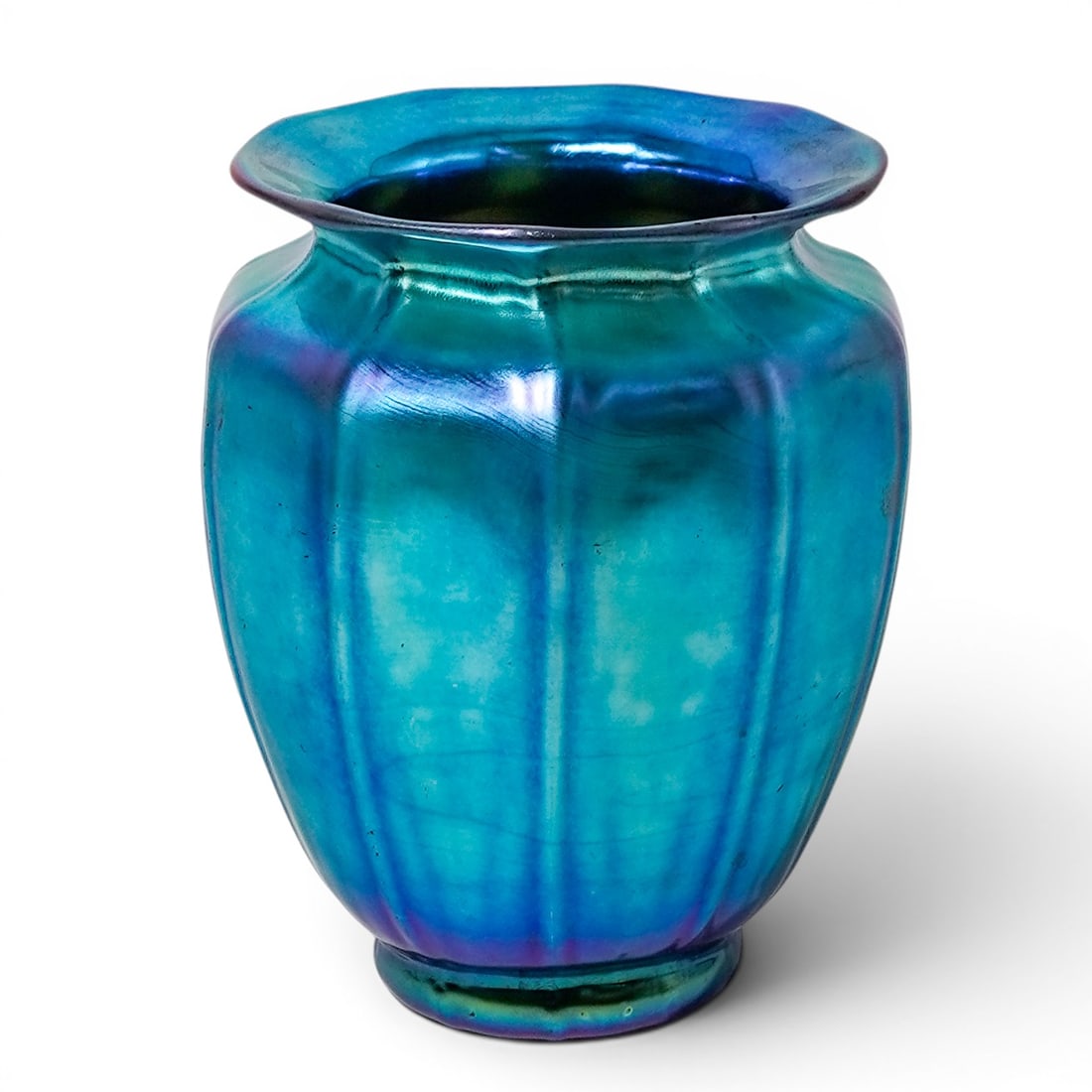 Steuben Blue Aurene Iridescent Ribbed Glass Vase (1 of 6)