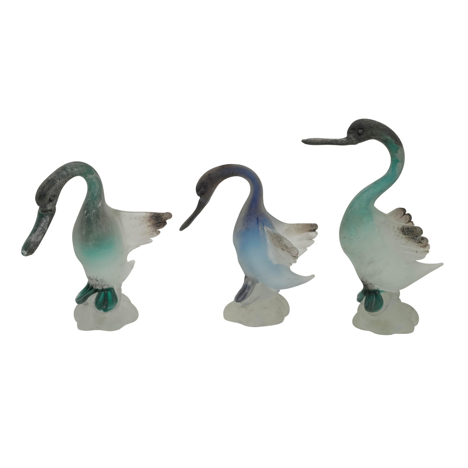 (3 Pc) Cenedese Murano Scavo Glass Ducks: (3 Pc) Cenedese Murano Scavo Glass Ducks c. 1970s, Italy Three Murano glass duck sculptures crafted in vibrant shades of green and blue that blend into smoky dark gray heads. The glass is specially tr