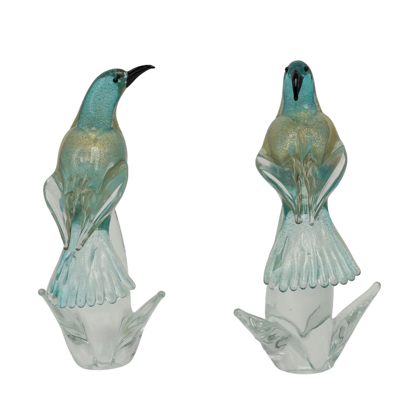 (2 pc) Murano Glass Blue & Gold Speck Large Bird Sculptures: (2 pc) Murano Glass Blue & Gold Speck Large Bird Sculptures 20th century, Italian Murano aqua blue & gold bird sculptures on clear bases, feature a white rectangular paper label with the brand name "H