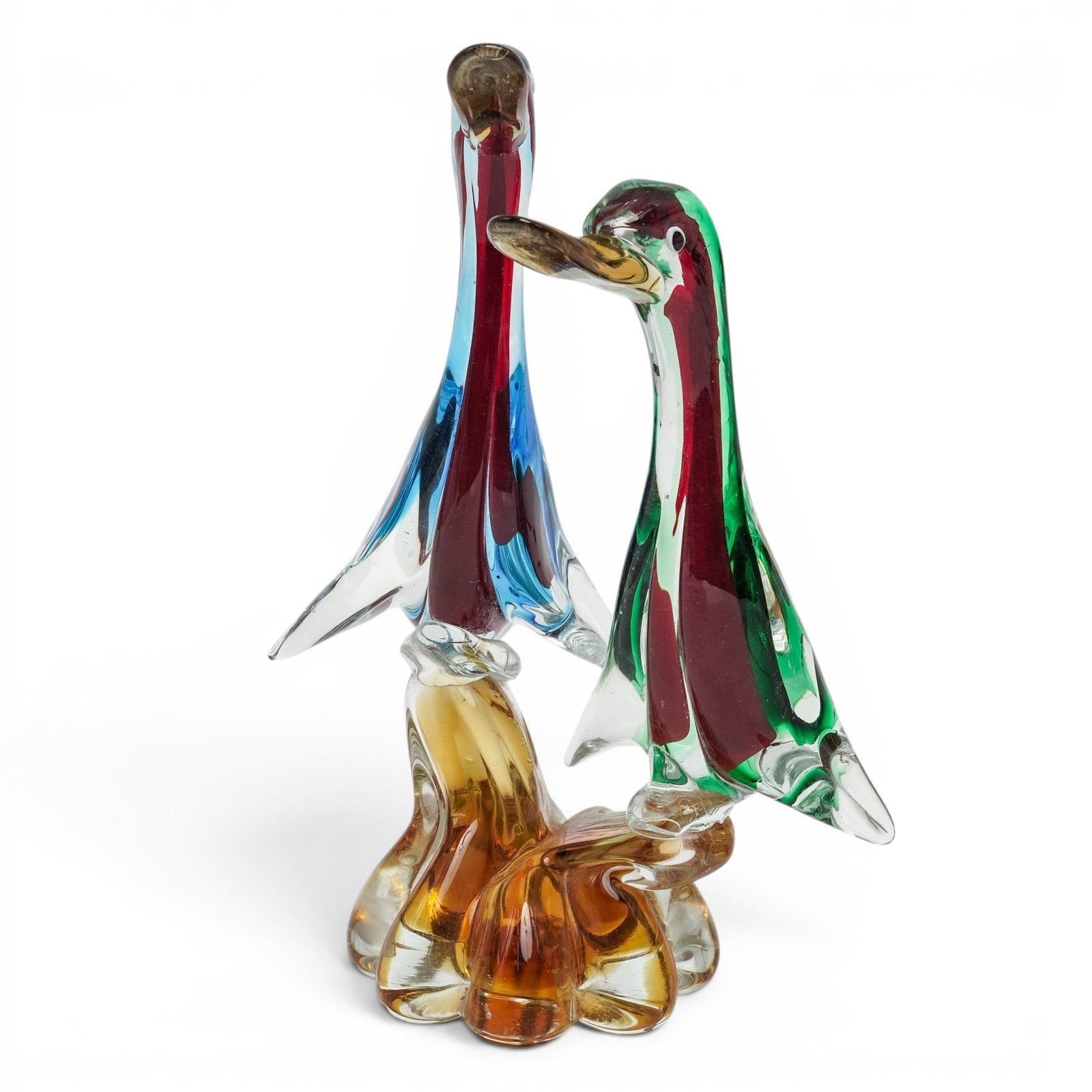 Murano Glass Duck Sculpture: Murano Glass Duck Sculpture 20th Cent., Italian The sculptures utilize a masterful sommerso (submerged) technique, encasing deep ruby-red and emerald-green internal glass colors within a thick, heavy