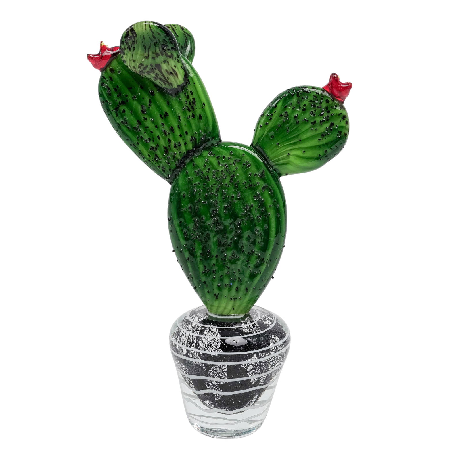 Vintage Large Art Glass Cactus Sculpture: Vintage Large Art Glass Cactus Sculpture Late 20th Century, USA A hand-blown art glass sculpture modeled as a prickly pear cactus with mottled green pads and red blossoms, rising from a clear and blac