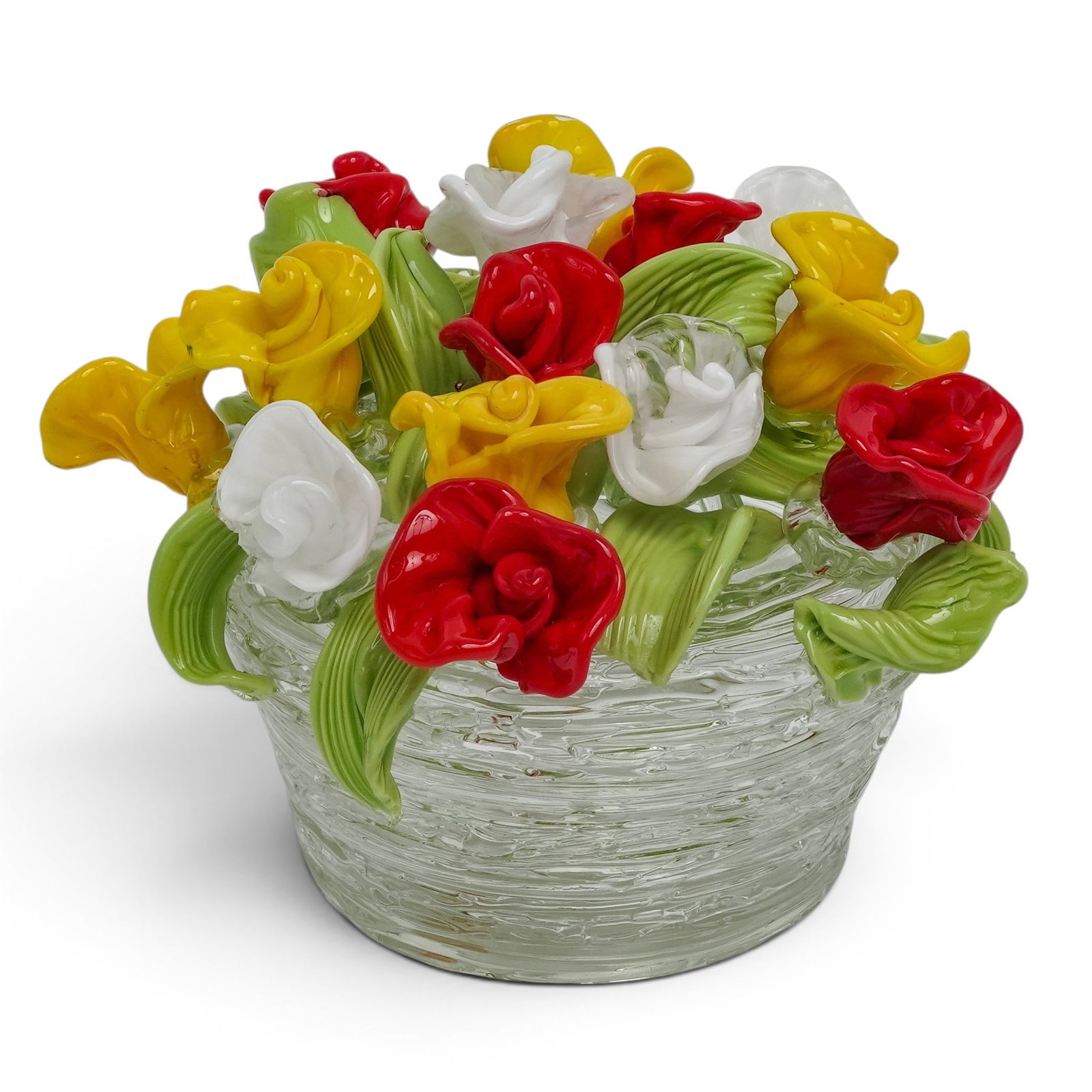 Danilo Zanella Murano Glass Flower Bouquet: Danilo Zanella Murano Glass Flower Bouquet Late 20th c., Italy Hand-blown Murano glass bouquet sculpture featuring an arrangement of red, yellow, and white roses with green leaves inside a clear,