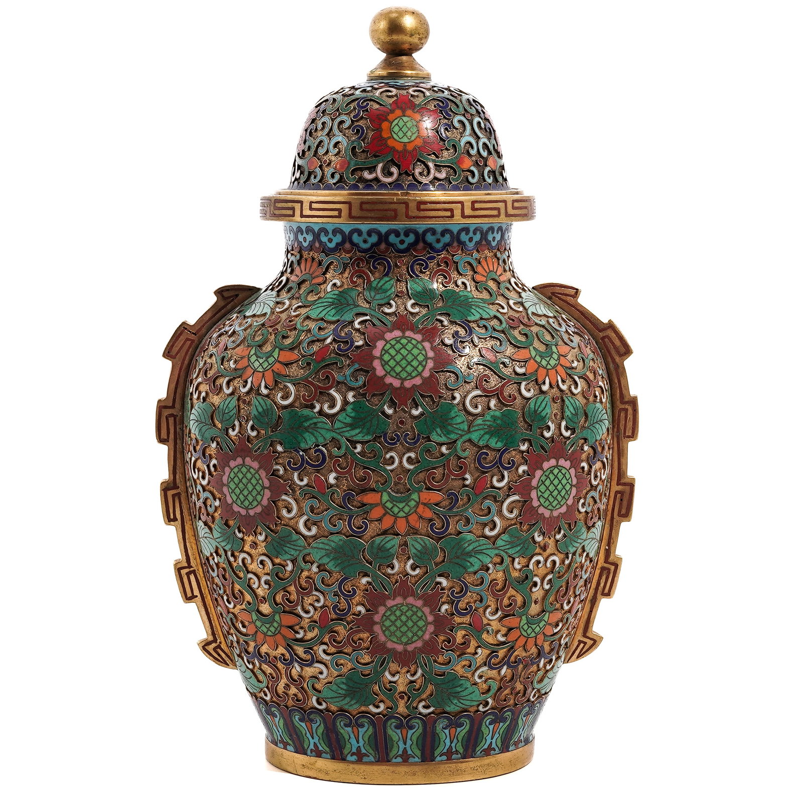 Chinese Cloisonne Bronze Urn: Chinese Cloisonne Bronze Urn 20th Cent, China Chinese Cloisonne Bronze Urn heavily decorated with deep relief of floral ornate patterns, excellently executed with enamel multicolors. H: 8.5" WL 5.5"