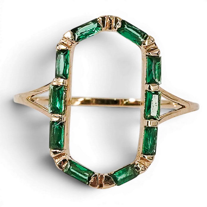14k Gold & Emerald Open Frame Ring, Signed - 2