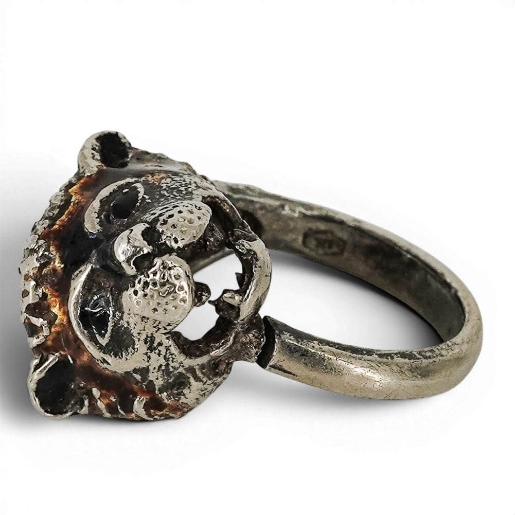 Sterling Silver & Enamel Figural Lion Head Ring: Sterling Silver & Enamel Figural Lion Head Ring Late 20th Century, European Sculptural sterling silver ring designed as a stylized lion's head with finely textured mane and detailed facial features,