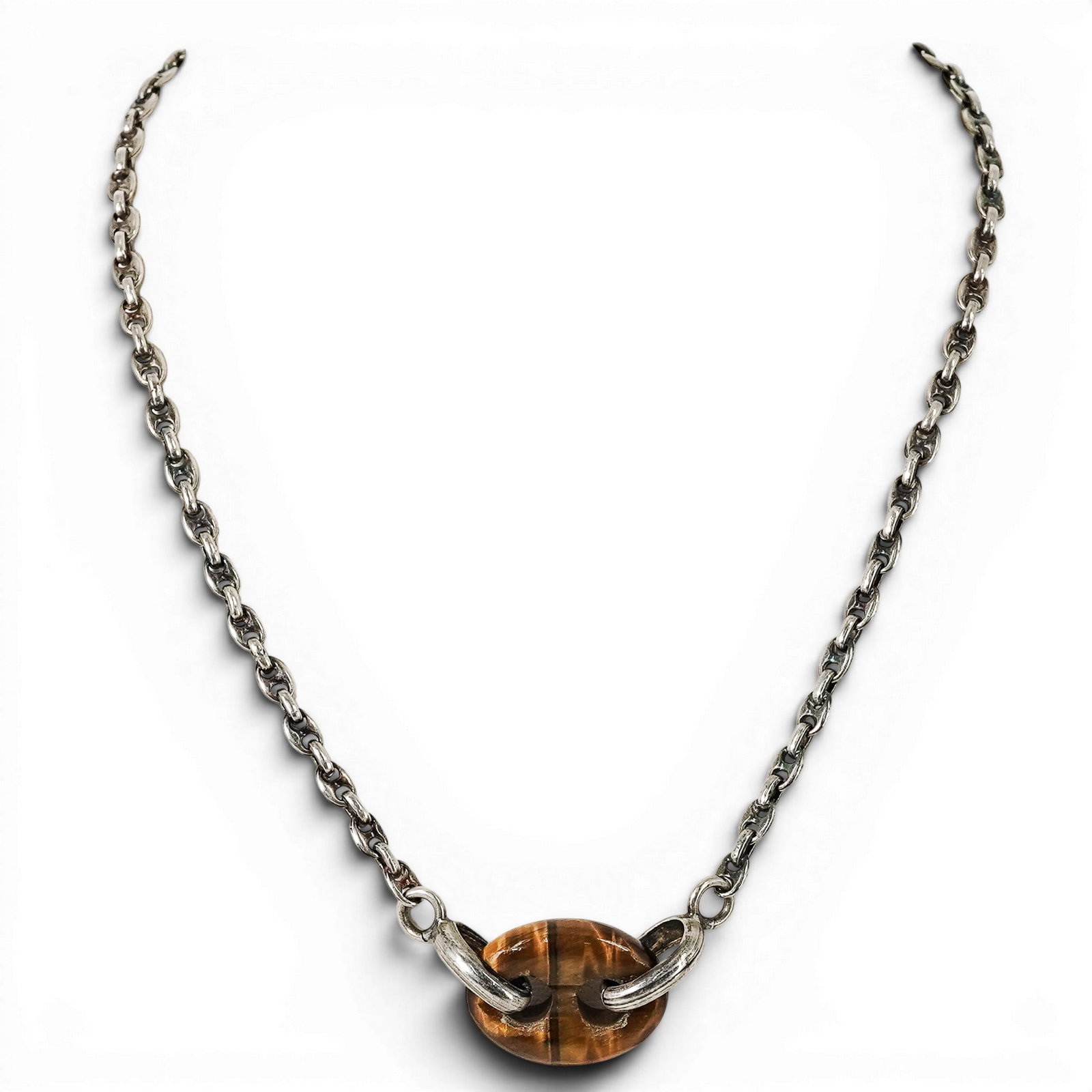 Italian Silver & Tiger’s Eye Gucci Link Necklace: Italian Silver & Tiger’s Eye Gucci Link Necklace 1990s, Italian Italian silver mariner link necklace with oval tiger’s eye hardstone toggle centerpiece in the shape of a mariner/ Gucci link and