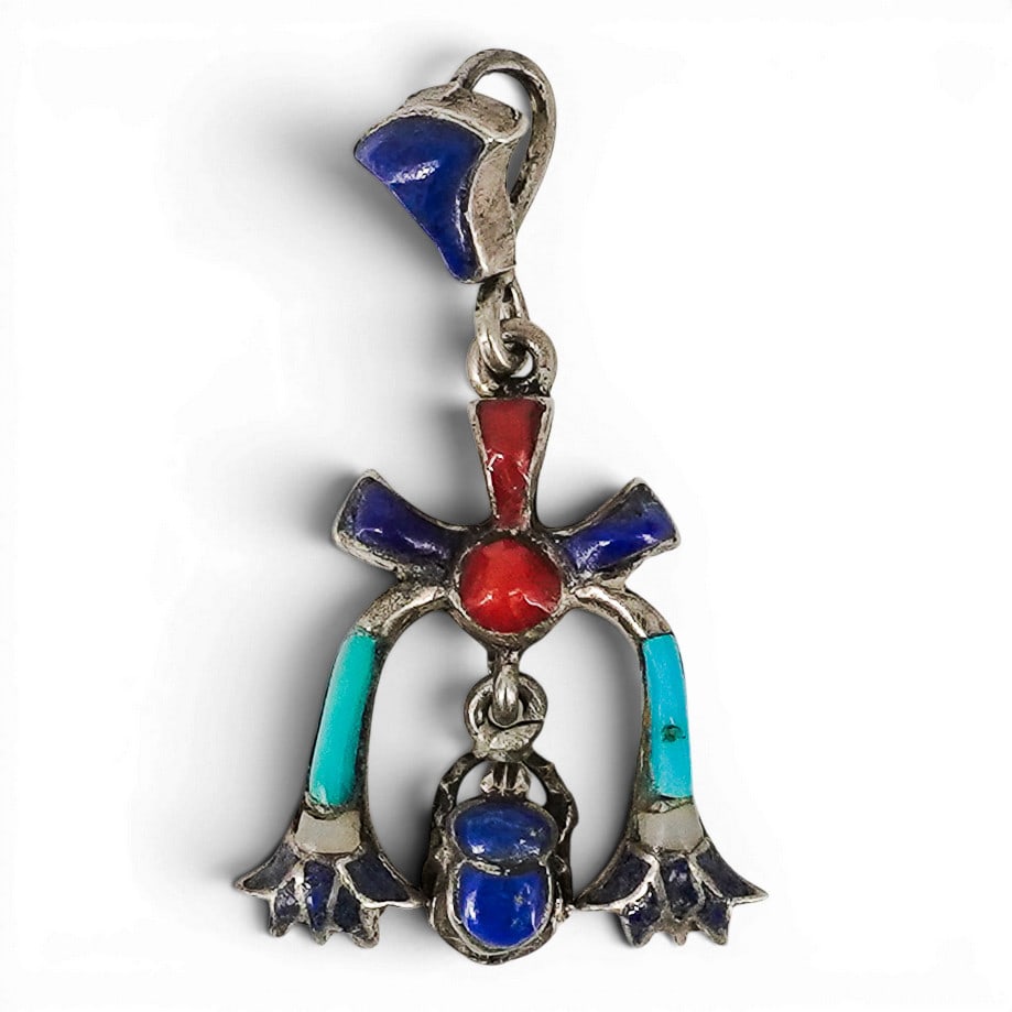 Egyptian Revival Silver Lapis, Coral & Turquoise Scarab Pendant: Egyptian Revival Silver Lapis, Coral & Turquoise Scarab Pendant Mid-20th Century, Continental Egyptian Revival silver pendant in the Pharaonic style, designed as a stylized lotus and papyrus form susp
