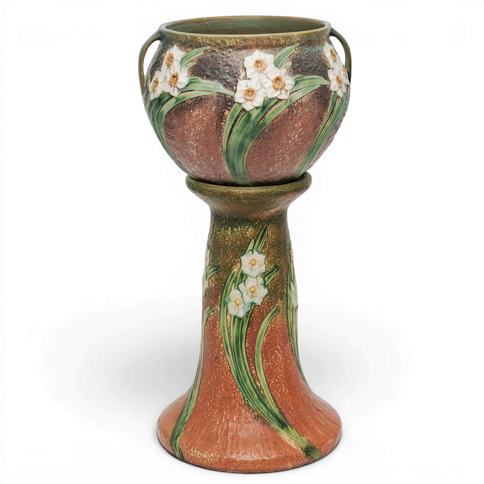 (2 pc) Roseville Pottery 'Jonquil' Pedestal Jardiniere (1 of 4)