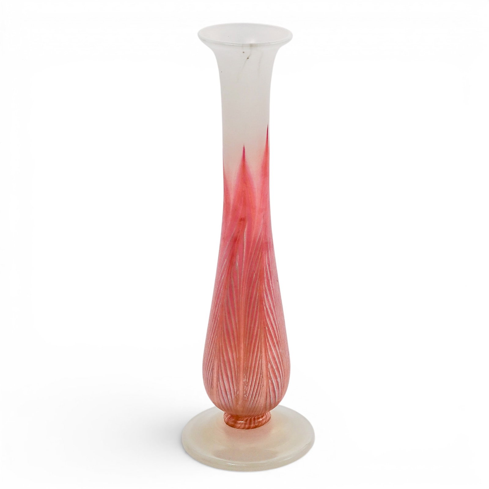Louis C. Tiffany Pink Favrile Glass Bud Vase: Louis C. Tiffany Pink Favrile Glass Bud Vase Early 20th century, USA The vase signed "L.C.Tiffany Favrile # 6129 J", It features an elongated neck that flares slightly at the rim and tapers down into 