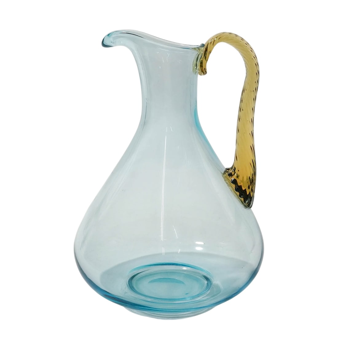 Steuben Celeste Blue & Amber Glass Pitcher: Steuben Celeste Blue & Amber Glass Pitcher Early 20th c., USA Steuben Celeste Blue pitcher with an applied Amber spiral-ribbed handle, featuring a bulbous bottom tapering into a slender neck and an