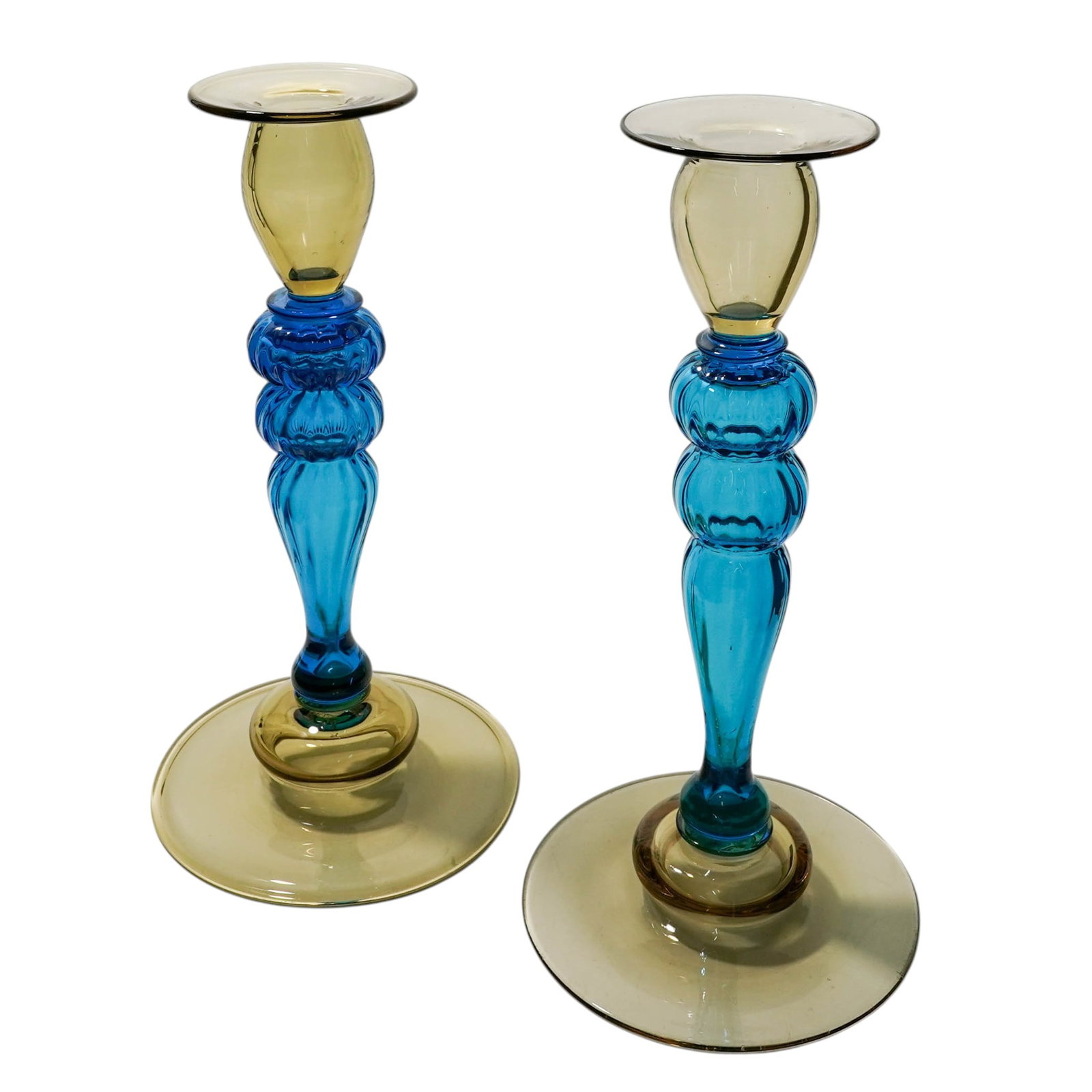 Pair of Steuben Glass Blue & Amber Candlesticks (1 of 6)