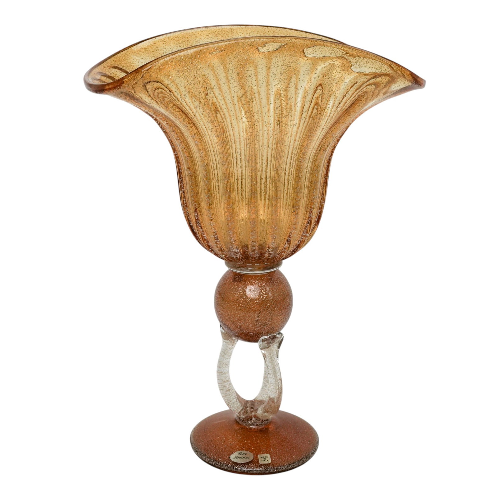 Vetri Artistici Murano Glass Trumpet Centerpiece: Vetri Artistici Murano Glass Trumpet Centerpiece Circa 1940-1960. Italian Mid-century Vetri Artistici Murano (V.A.M.) hand-blown trumpet centerpiece bowl, featuring a heavily ruffled rim, controlled