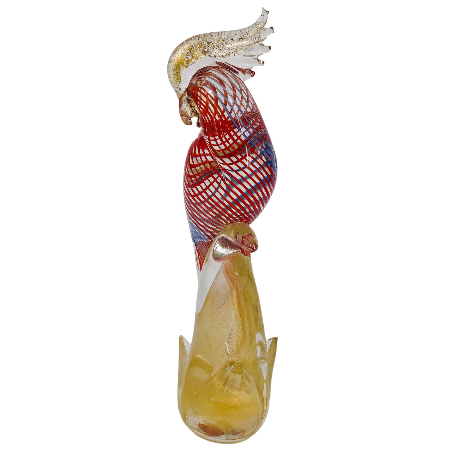 Large Murano Glass Cockatoo Sculpture: Large Murano Glass Cockatoo Sculpture 20th century, Italian The large cockatoo features a complex "Felicia" combined thread pattern consisting of layered orange-red and light blue glass stripes. It